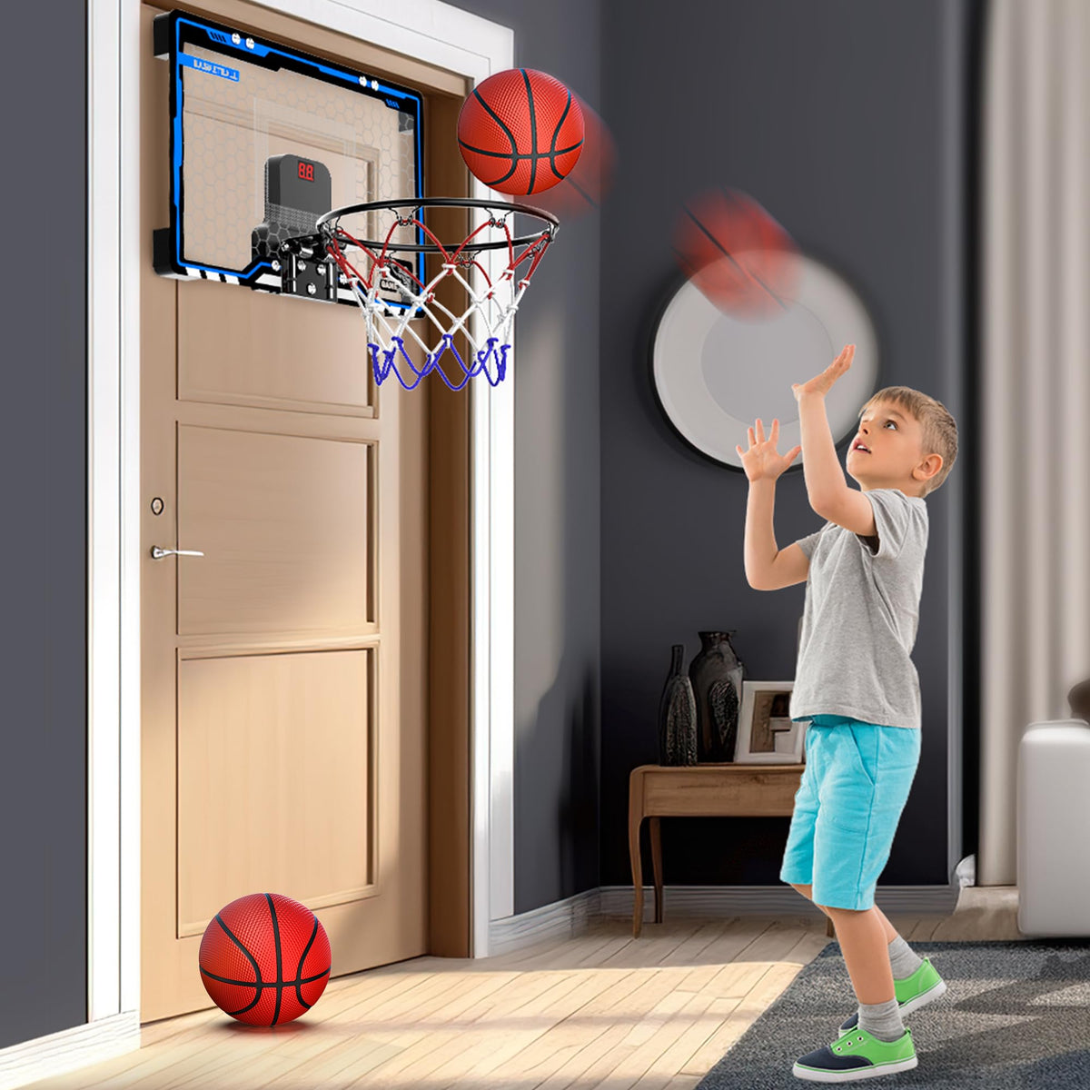 HopeRock Indoor Mini Basketball Hoop for Kids - LED Lights, Scoreboard & 3 Balls