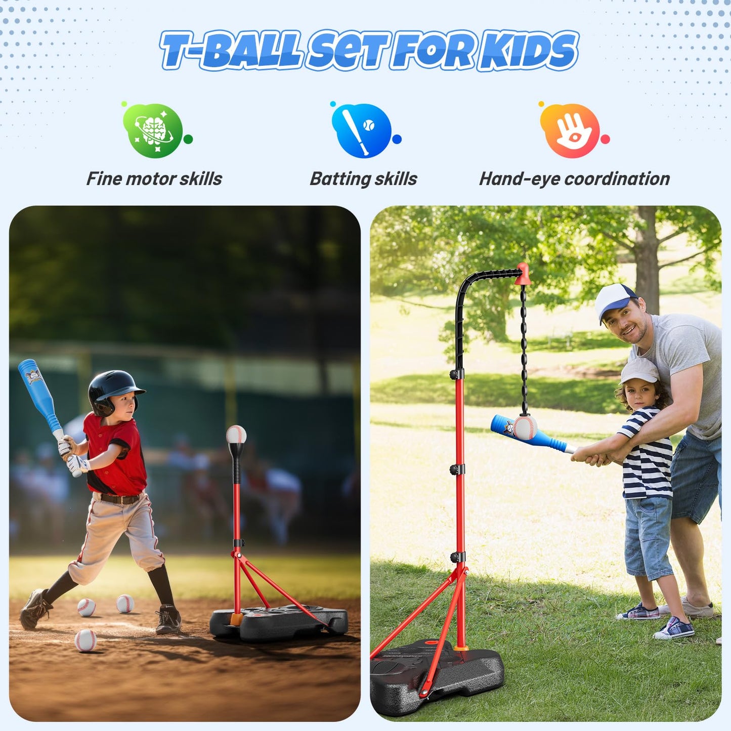 HopeRock 2 in 1 Kids Basketball Hoop & T Ball Set — Adjustable Stand for Ages 2-8