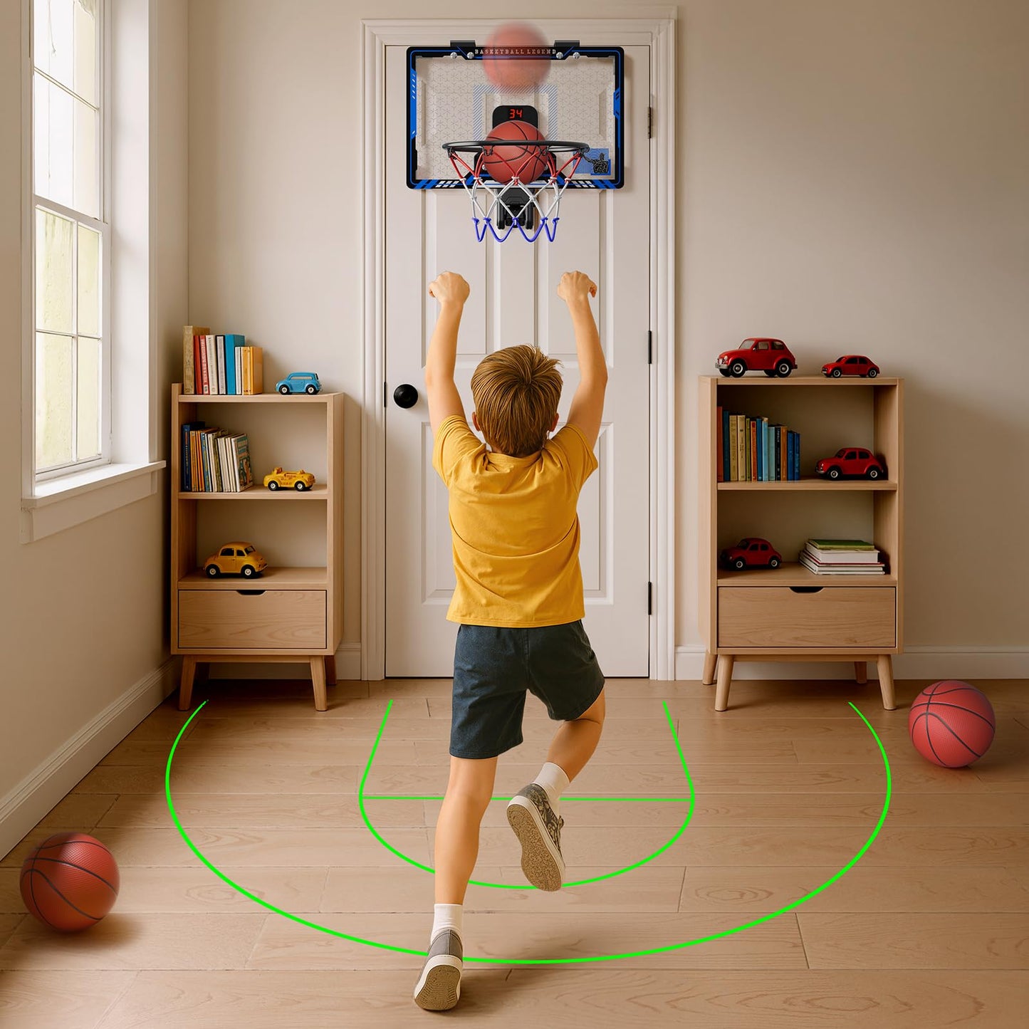 HopeRock Indoor Basketball Hoop with Projected Court — Over-the-Door, Scoreboard & 3 Balls