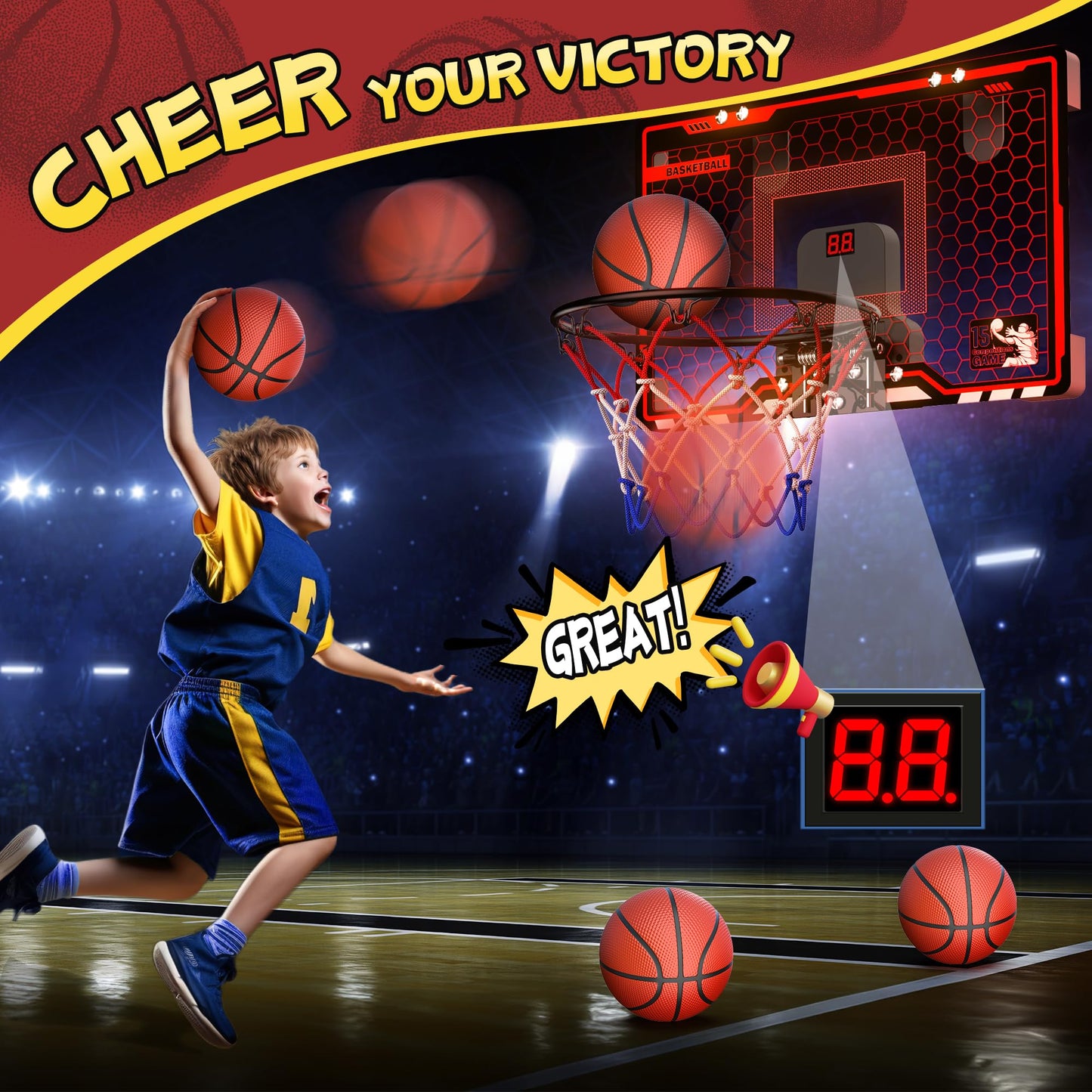 HopeRock Indoor Basketball Hoop for Kids - Over The Door Mini Hoop with LED Light & Scoreboard