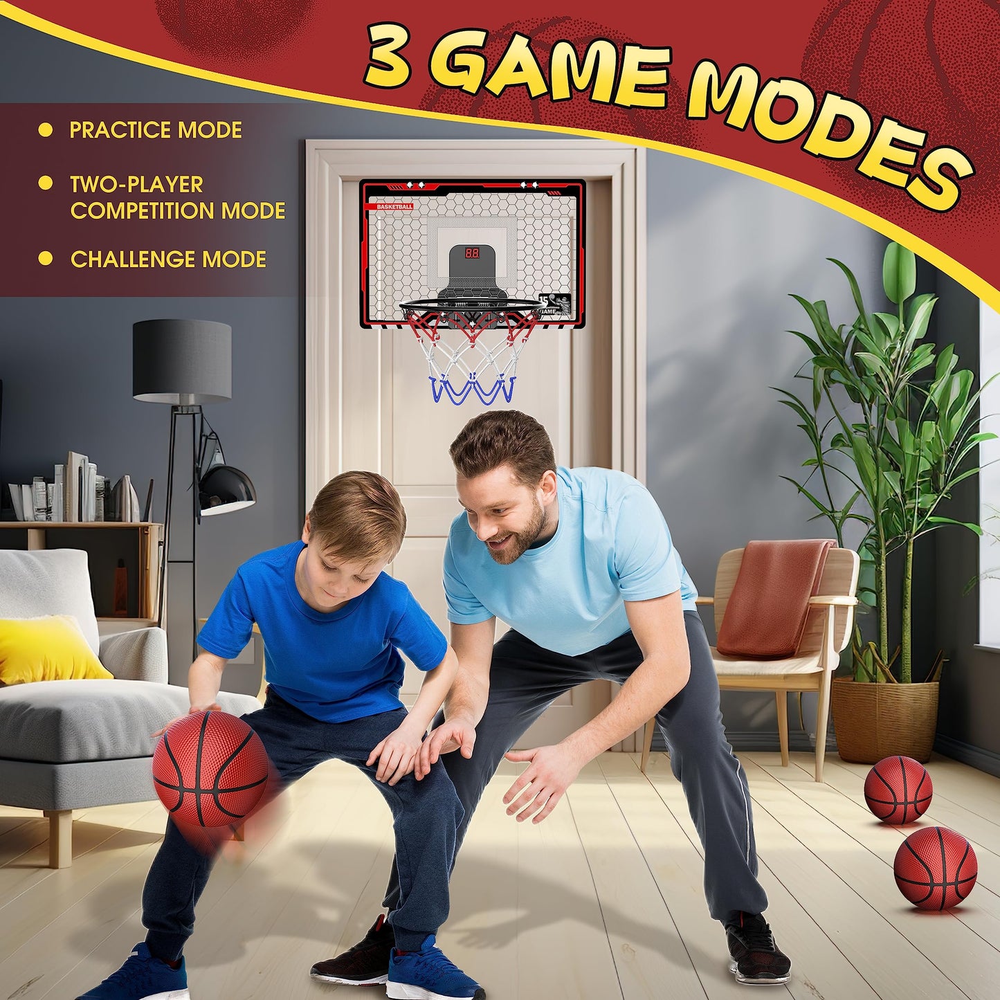 HopeRock Indoor Basketball Hoop for Kids - Over The Door Mini Hoop with LED Light & Scoreboard