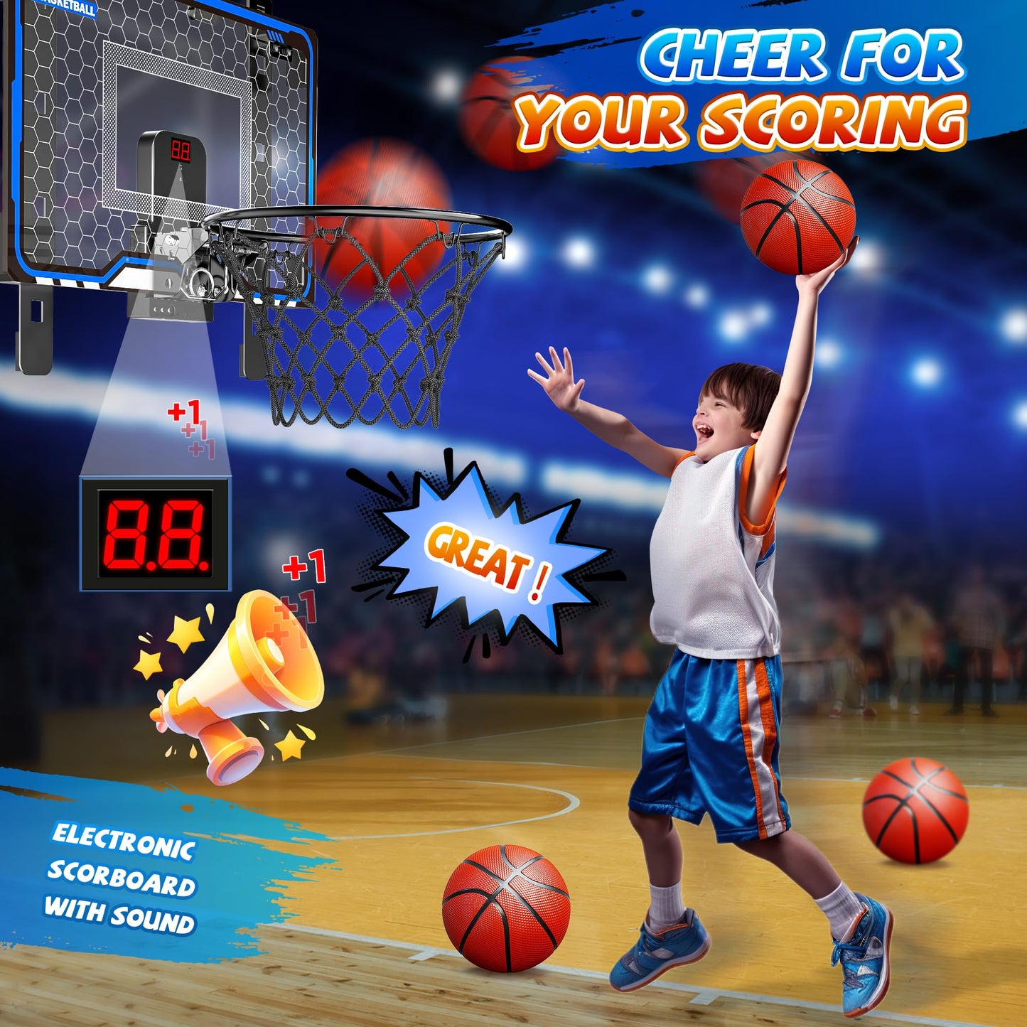 HopeRock Adjustable Indoor Basketball Hoop – Over-the-Door Mini Hoop with Scoreboard