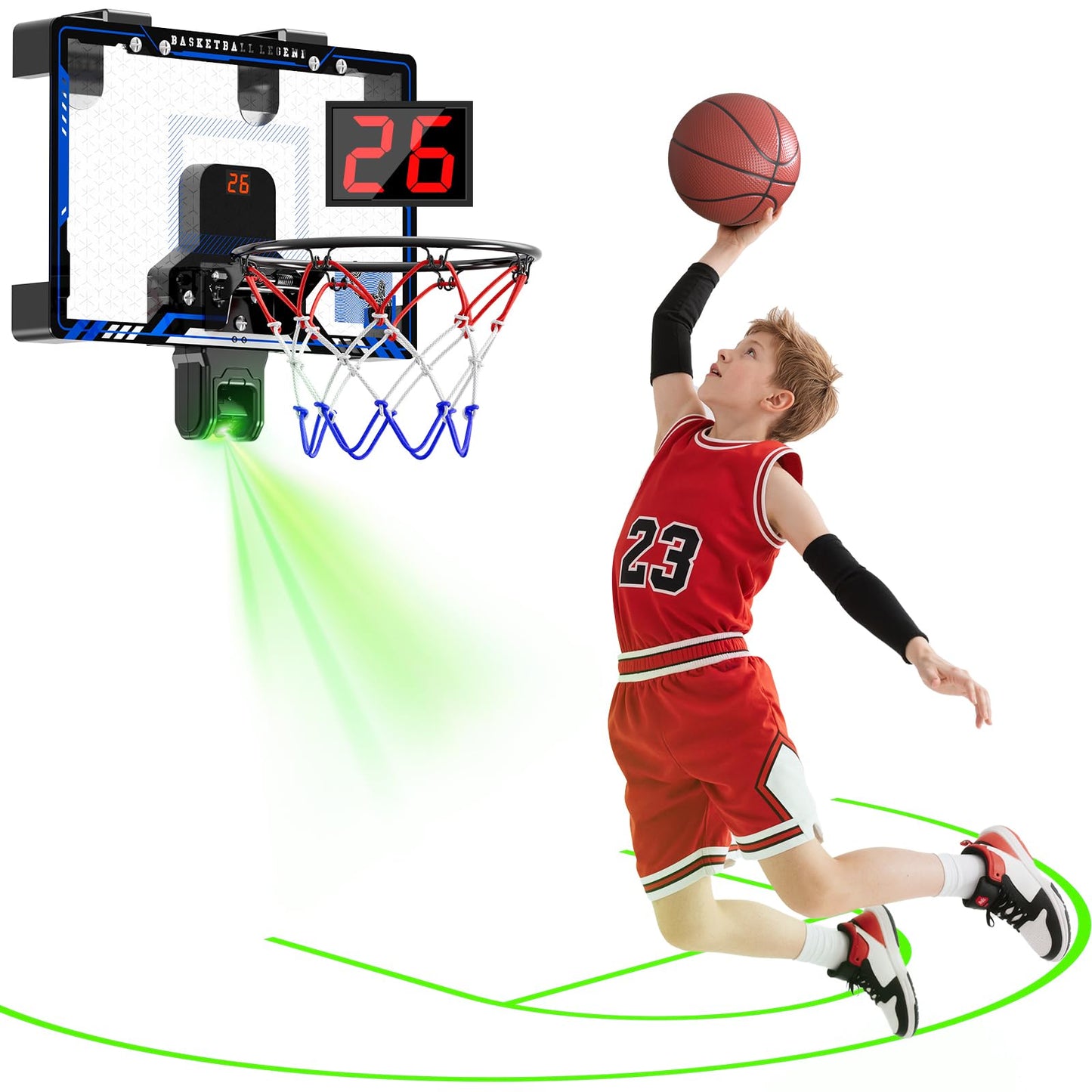 HopeRock Indoor Basketball Hoop with Projected Court — Over-the-Door, Scoreboard & 3 Balls