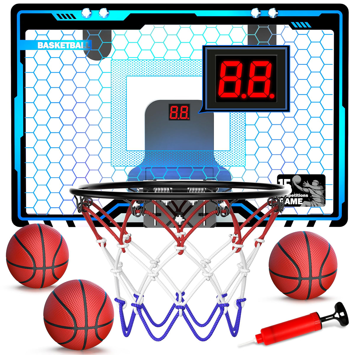 HopeRock Indoor Mini Basketball Hoop for Kids - LED Lights, Scoreboard & 3 Balls
