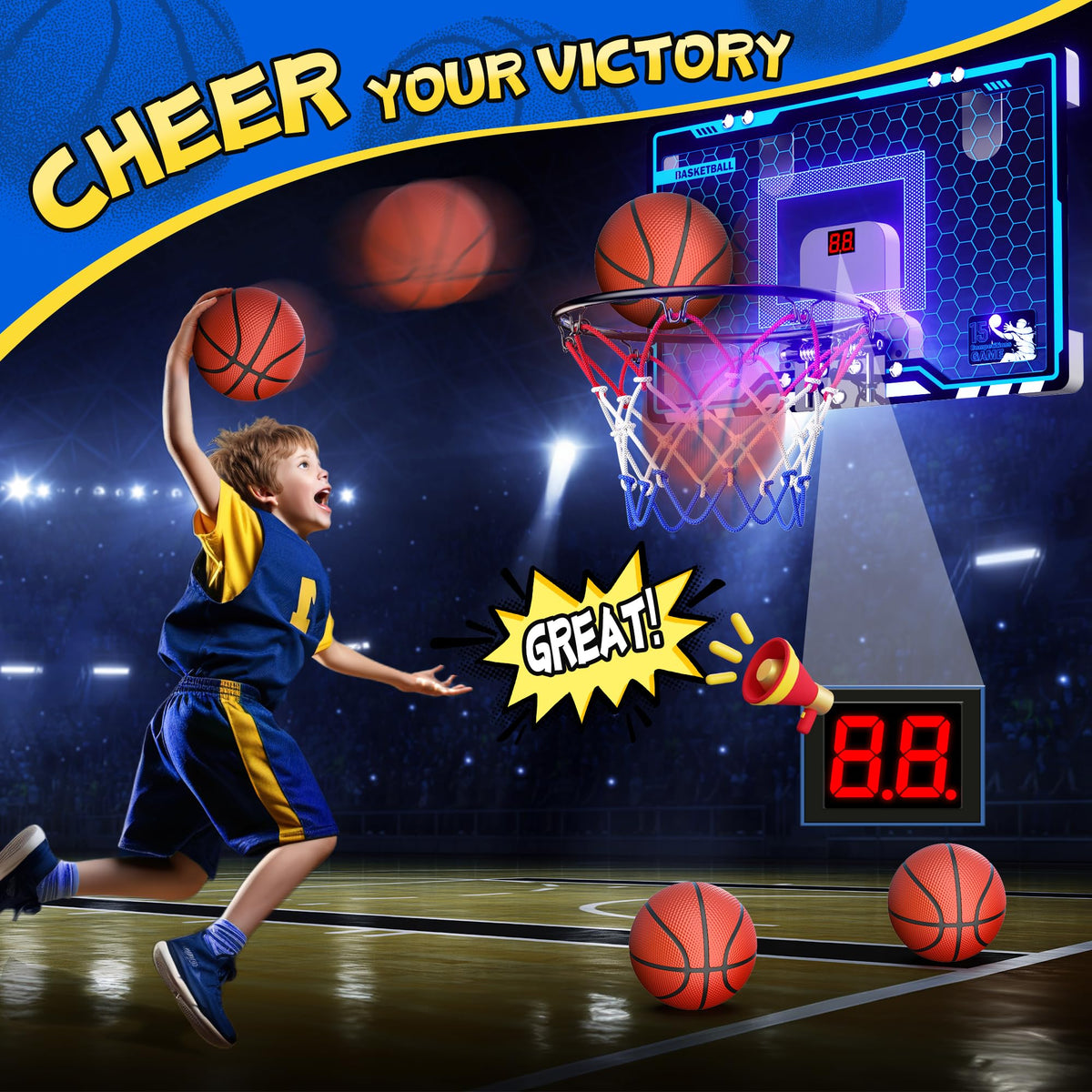 HopeRock Indoor Mini Basketball Hoop for Kids - LED Lights, Scoreboard & 3 Balls