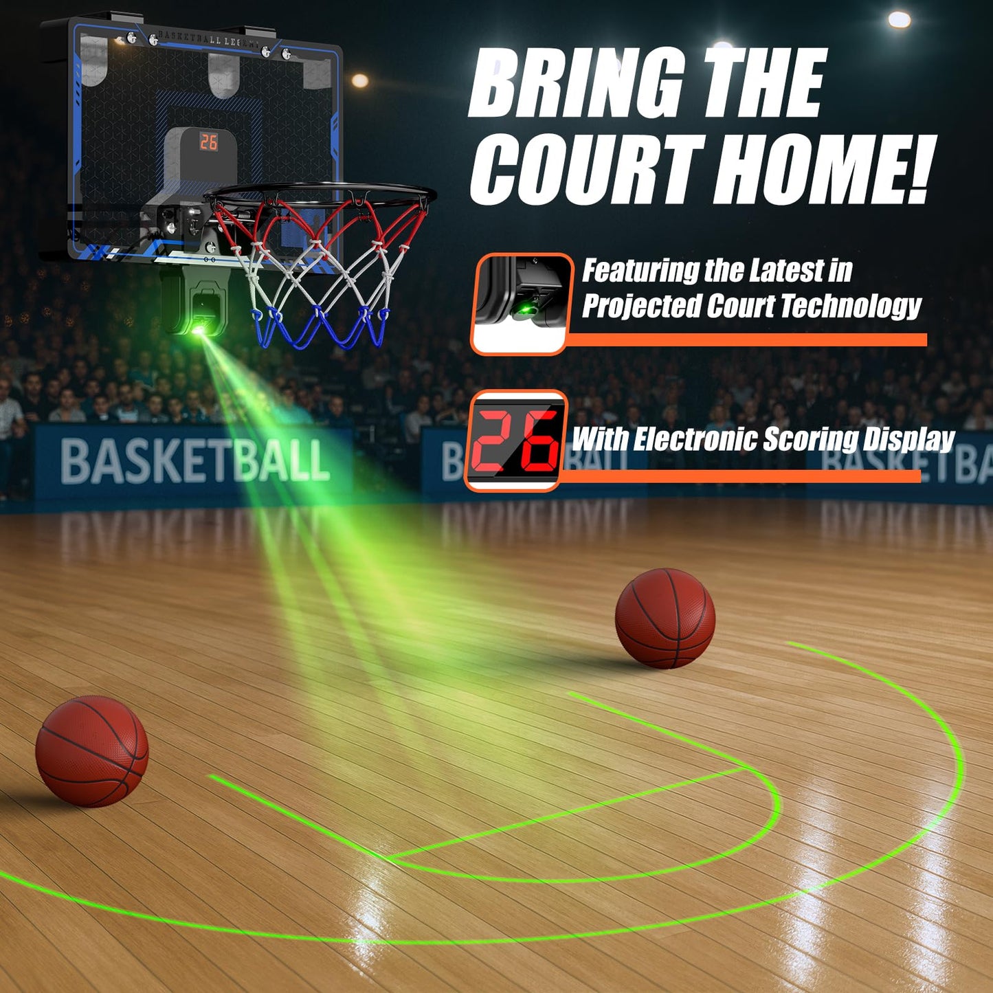 HopeRock Indoor Basketball Hoop with Projected Court — Over-the-Door, Scoreboard & 3 Balls