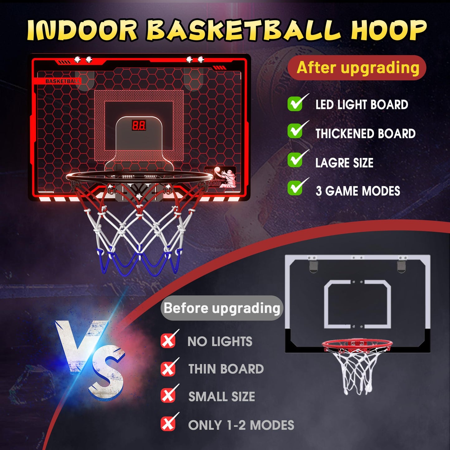HopeRock Indoor Basketball Hoop for Kids - Over The Door Mini Hoop with LED Light & Scoreboard