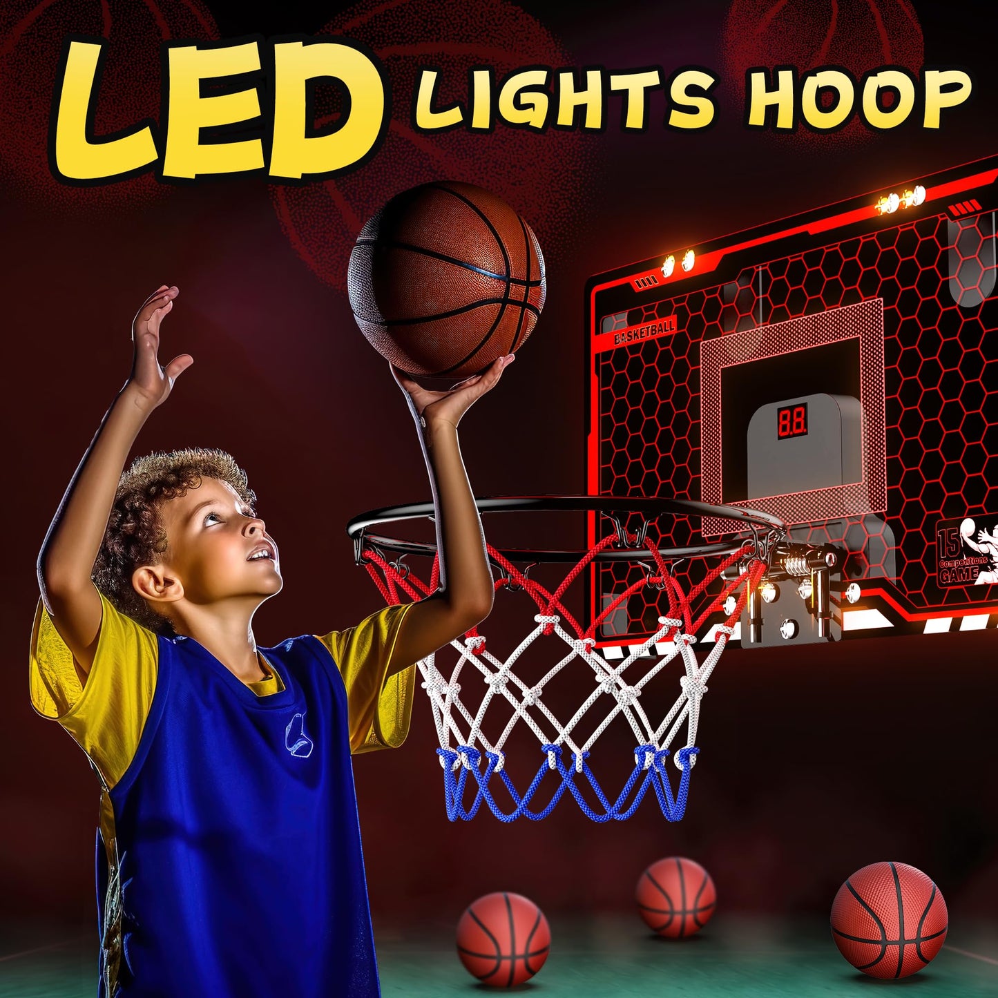 HopeRock Indoor Basketball Hoop for Kids - Over The Door Mini Hoop with LED Light & Scoreboard