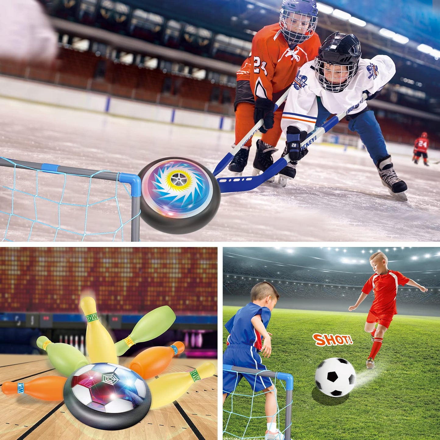 HopeRock 3-in-1 Hover Soccer Ball Hockey Bowling Set – Indoor & Outdoor Toy for Kids 3-12