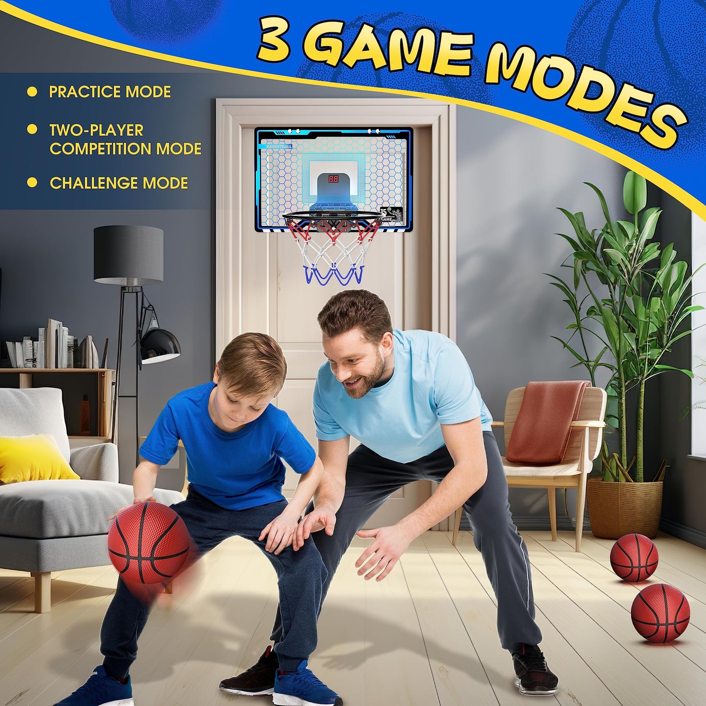 HopeRock Indoor Mini Basketball Hoop for Kids - LED Lights, Scoreboard & 3 Balls