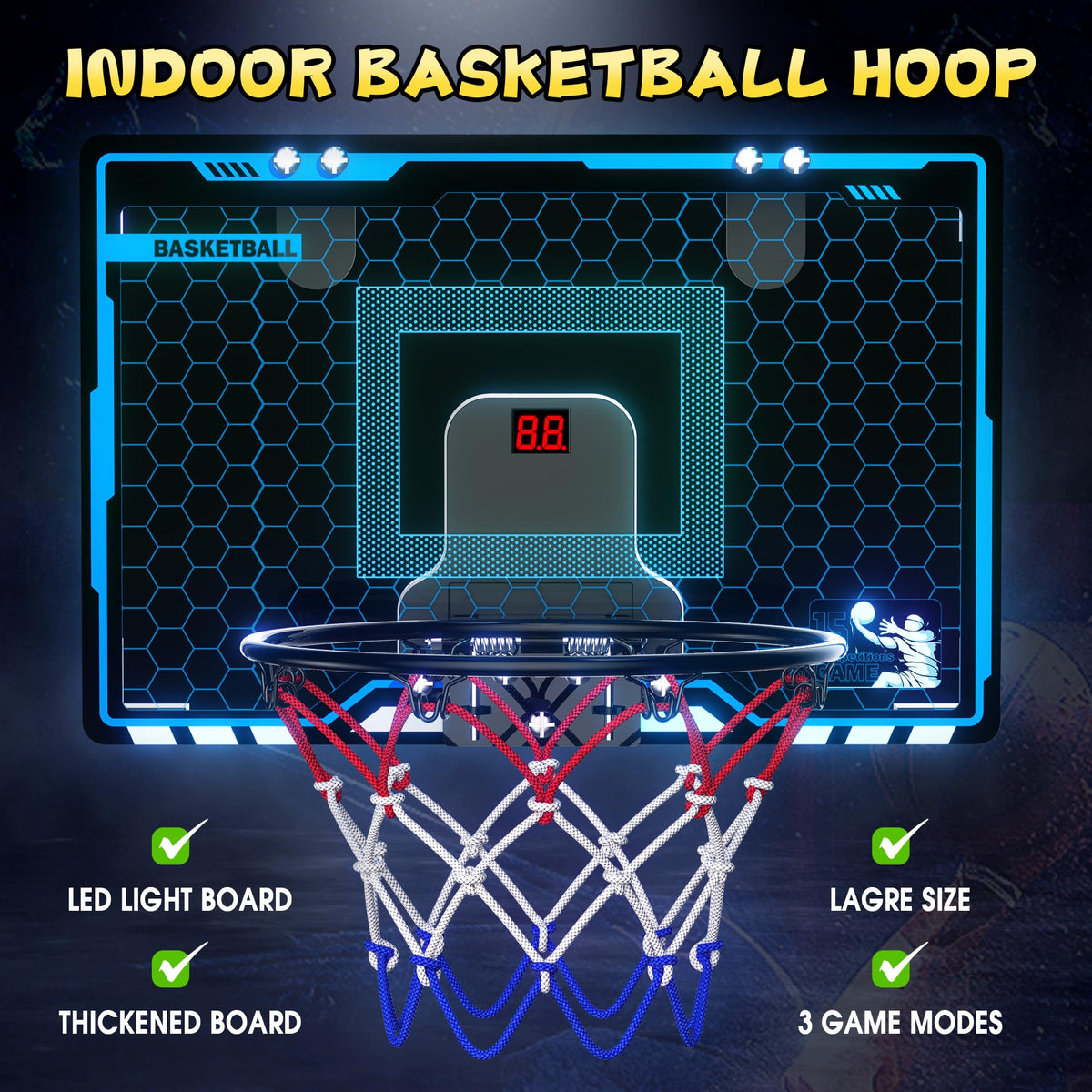 HopeRock Indoor Mini Basketball Hoop for Kids - LED Lights, Scoreboard & 3 Balls