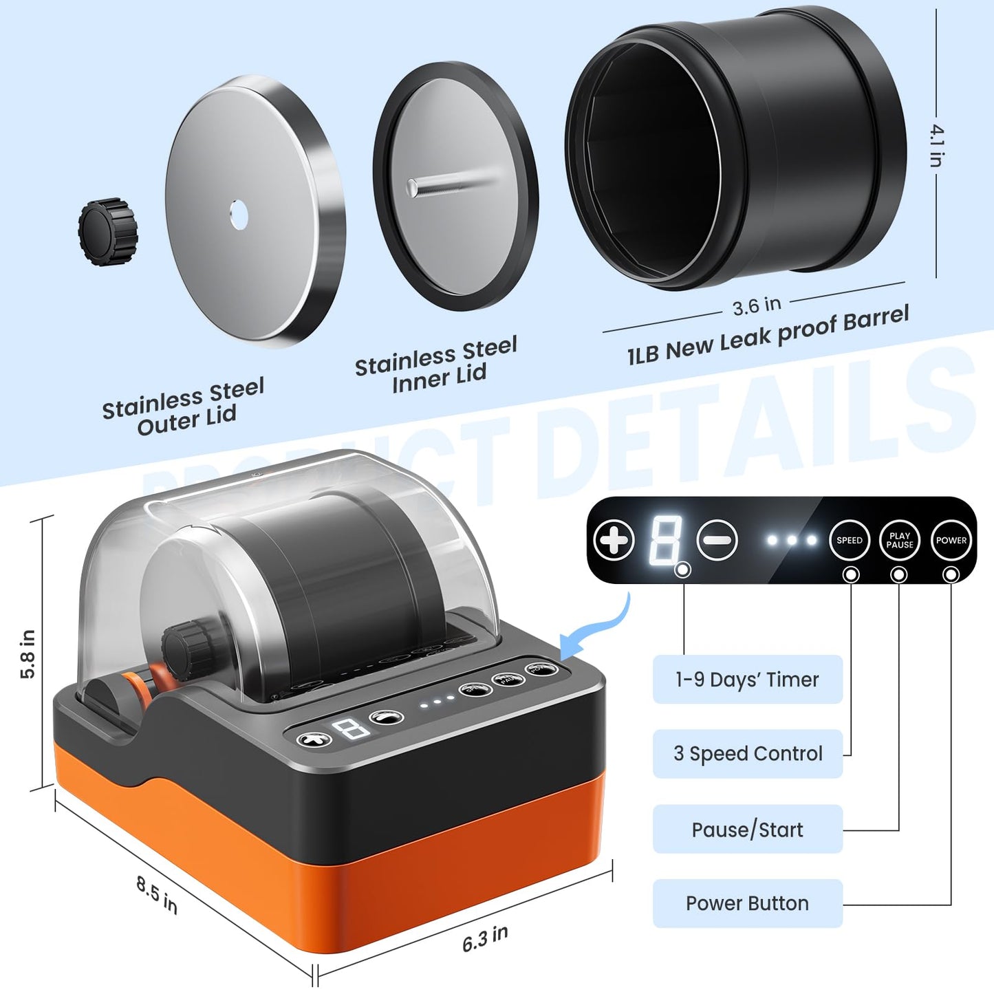 HopeRock Ultra Quiet Rock Tumbler Kit — 3-Speed, 9-Day Timer, Noise-Reduction Cover