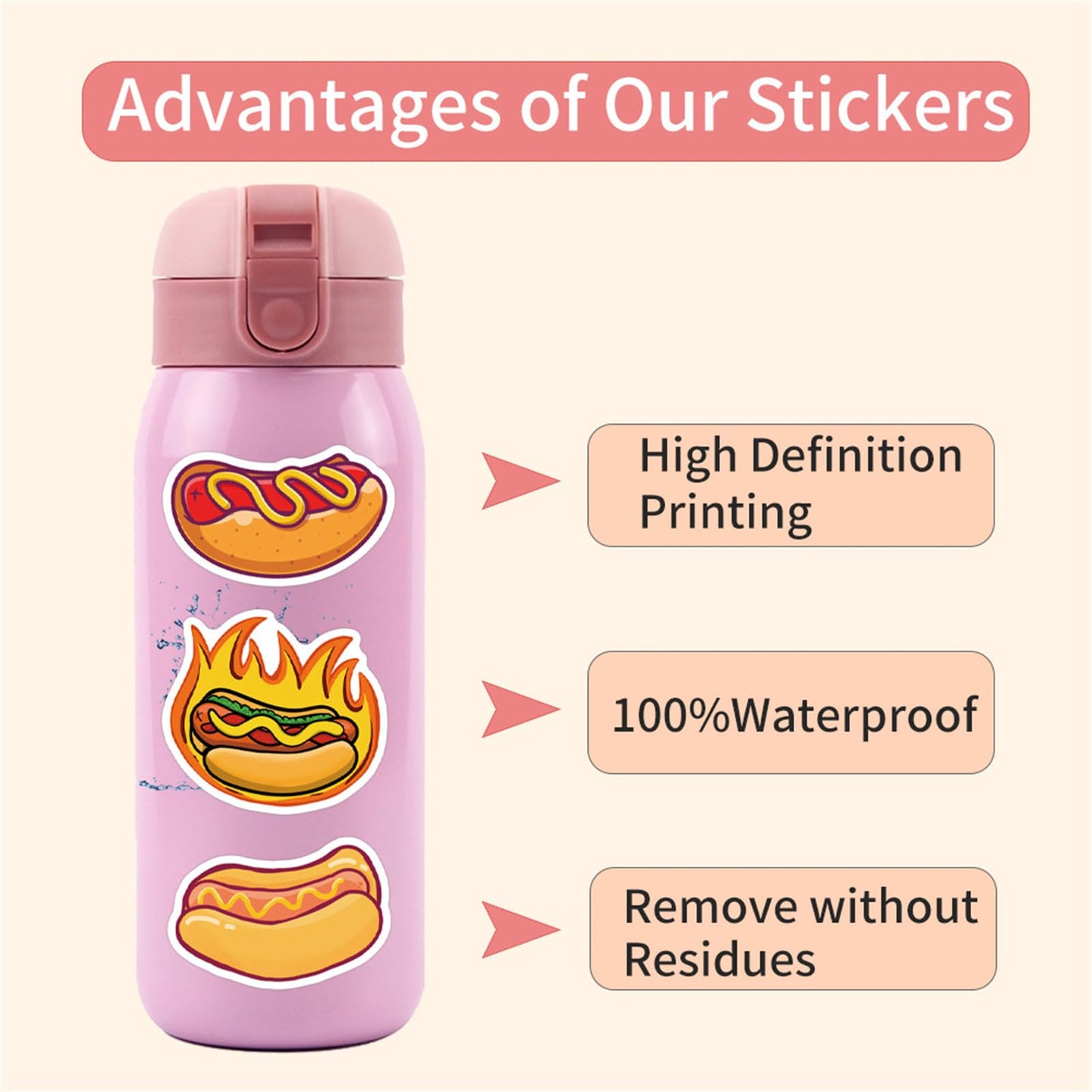 Hopetl 55Pcs Hot Dog Stickers – Waterproof Vinyl Decals for Water Bottles, Laptops & More
