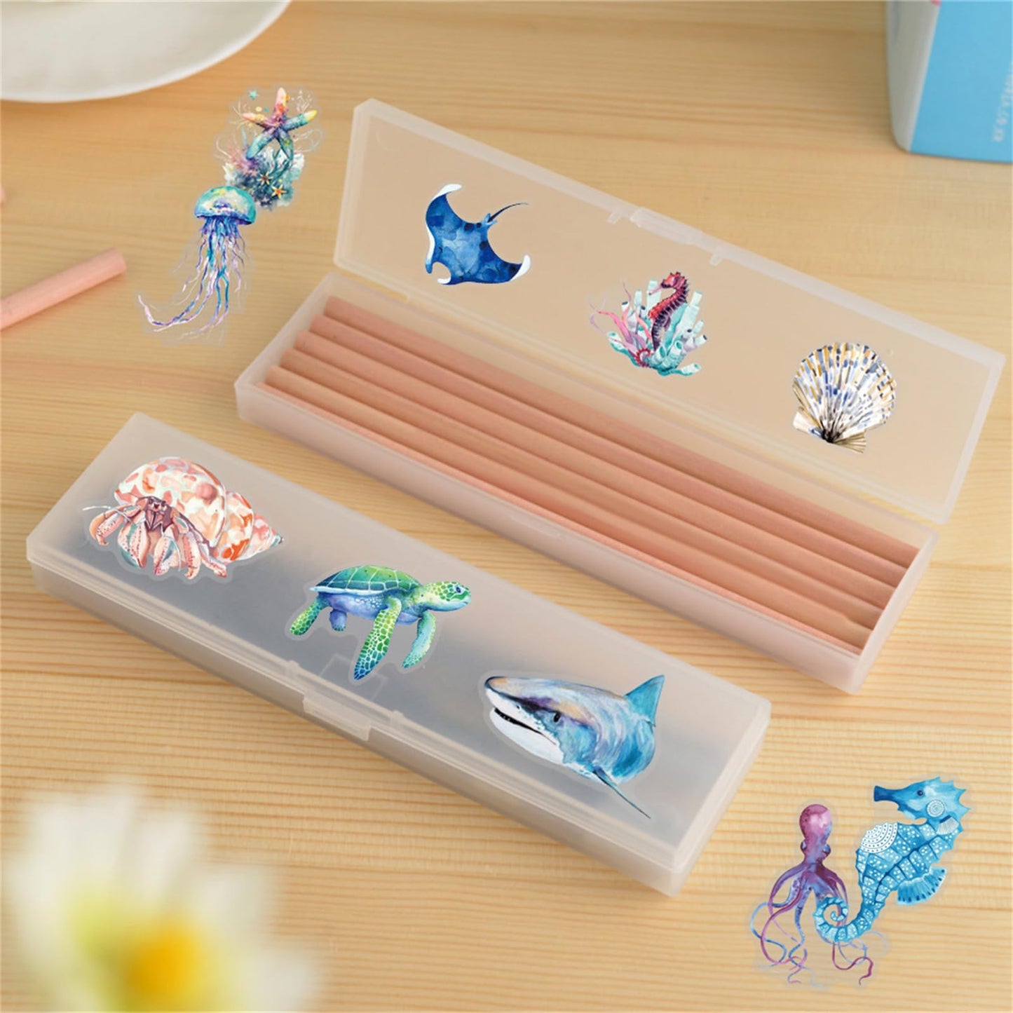 Hopetl 50PCS Marine Animal Stickers — Transparent PET Ocean Decals for Scrapbooks, Laptops & Water Bottles