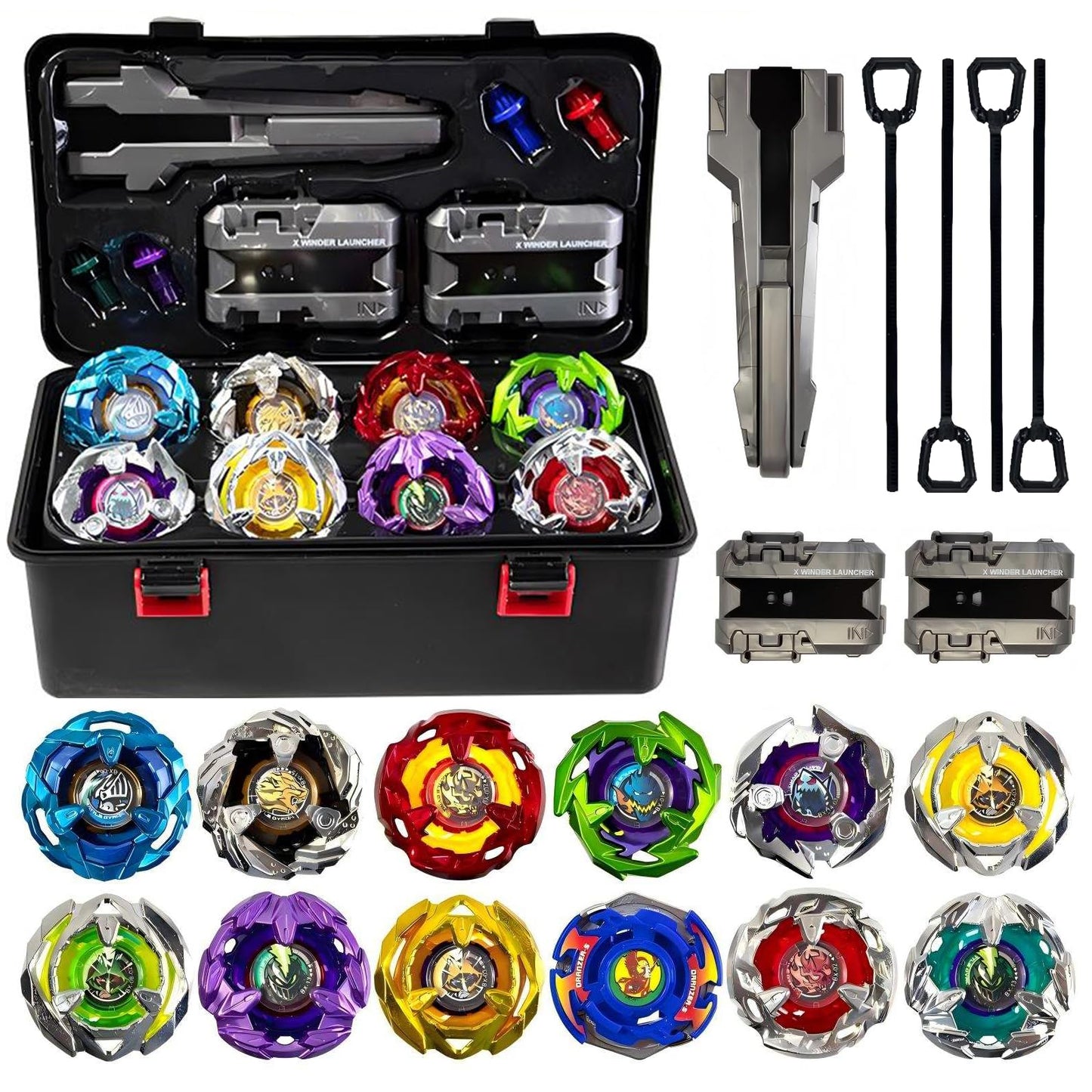 Hopture Battle Spinning Top Set — 12 Tops, Launchers & Accessories