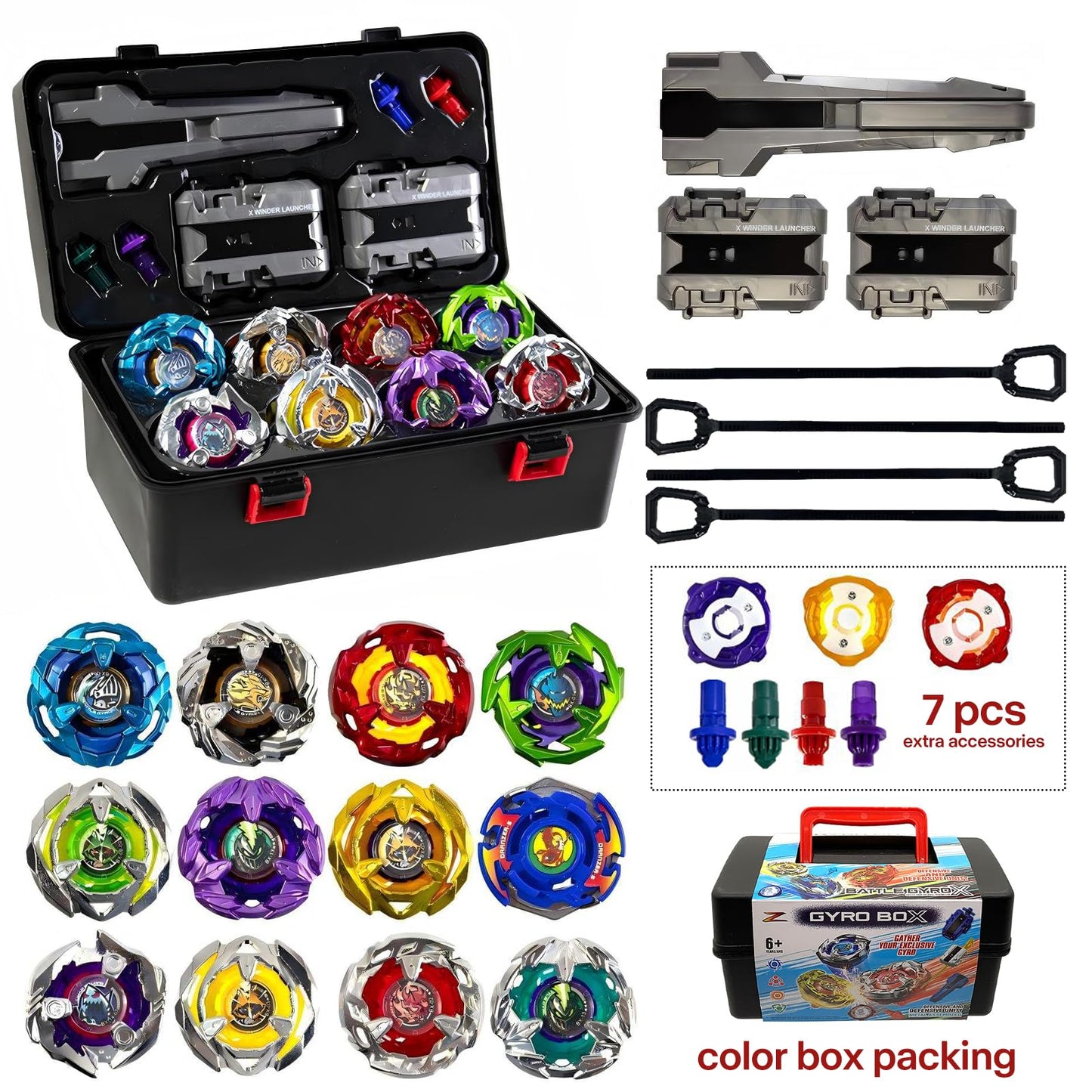 Hopture Battle Spinning Top Set — 12 Tops, Launchers & Accessories