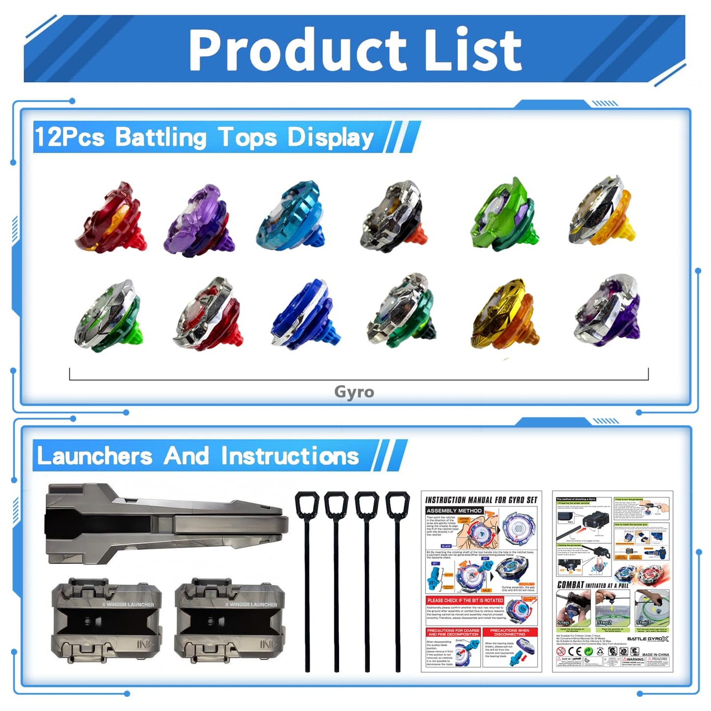Hopture Battle Spinning Top Set — 12 Tops, Launchers & Accessories