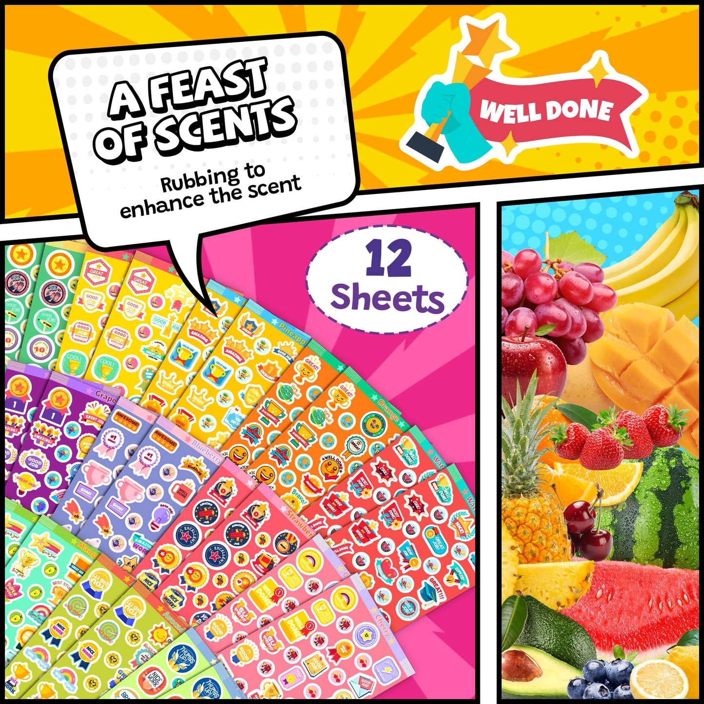 HORIECHALY Smelly Stickers Scratch and Sniff – 1320 Pieces, 48 Sheets, 12 Scents | Positive Reward Tools for Kids and Teachers