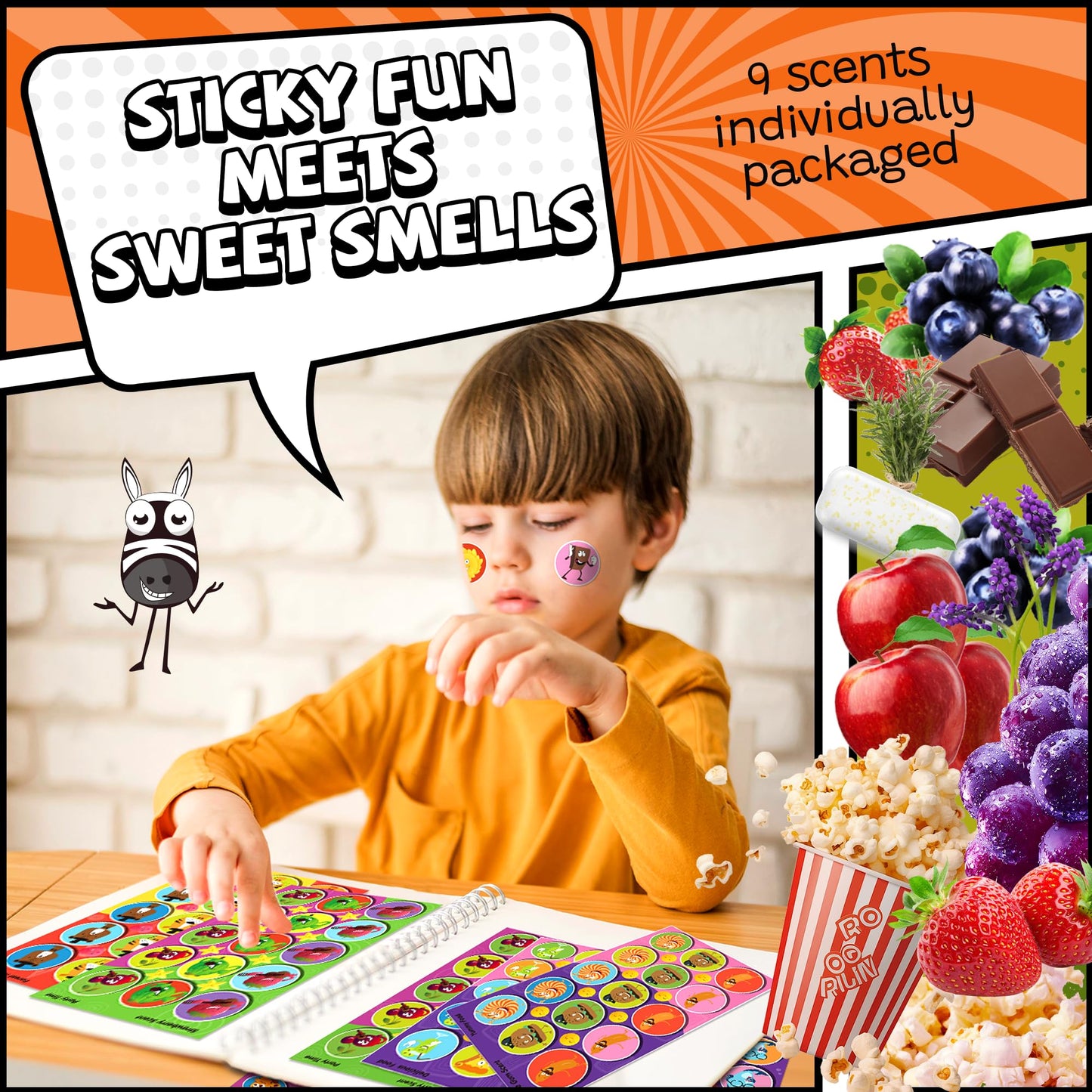 HORIECHALY Smelly Stickers Scratch and Sniff – 9 Scents, 36 Sheets, 540 Large + 288 Mini