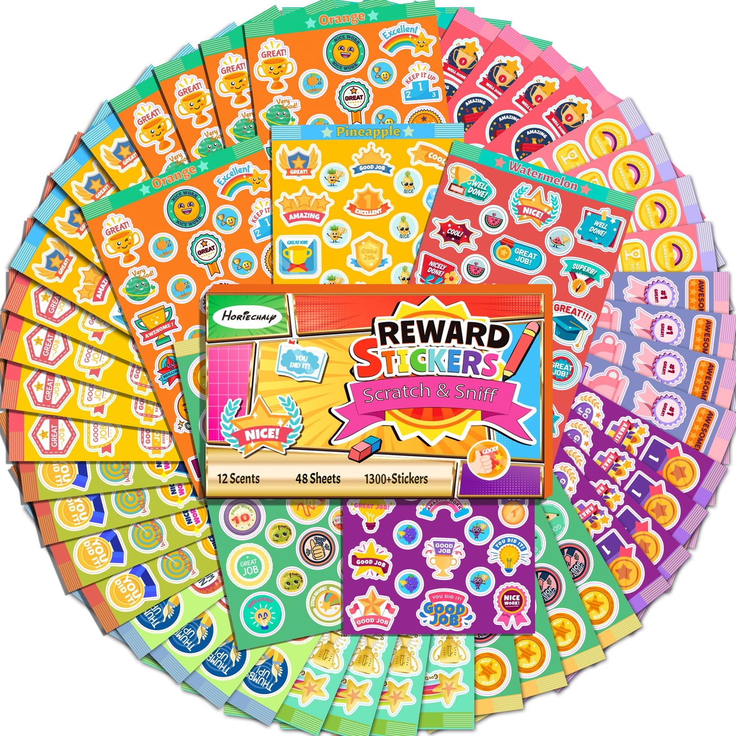 HORIECHALY Smelly Stickers Scratch and Sniff – 1320 Pieces, 48 Sheets, 12 Scents | Positive Reward Tools for Kids and Teachers