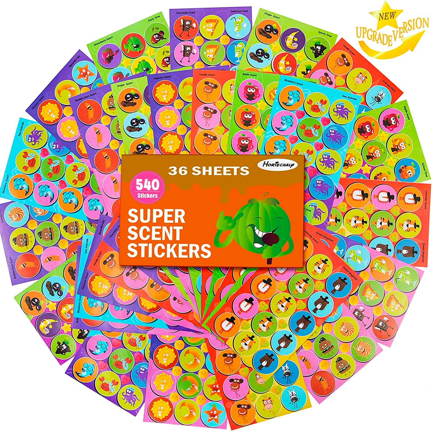 HORIECHALY Smelly Stickers Scratch and Sniff – 9 Scents, 36 Sheets, 540 Large + 288 Mini
