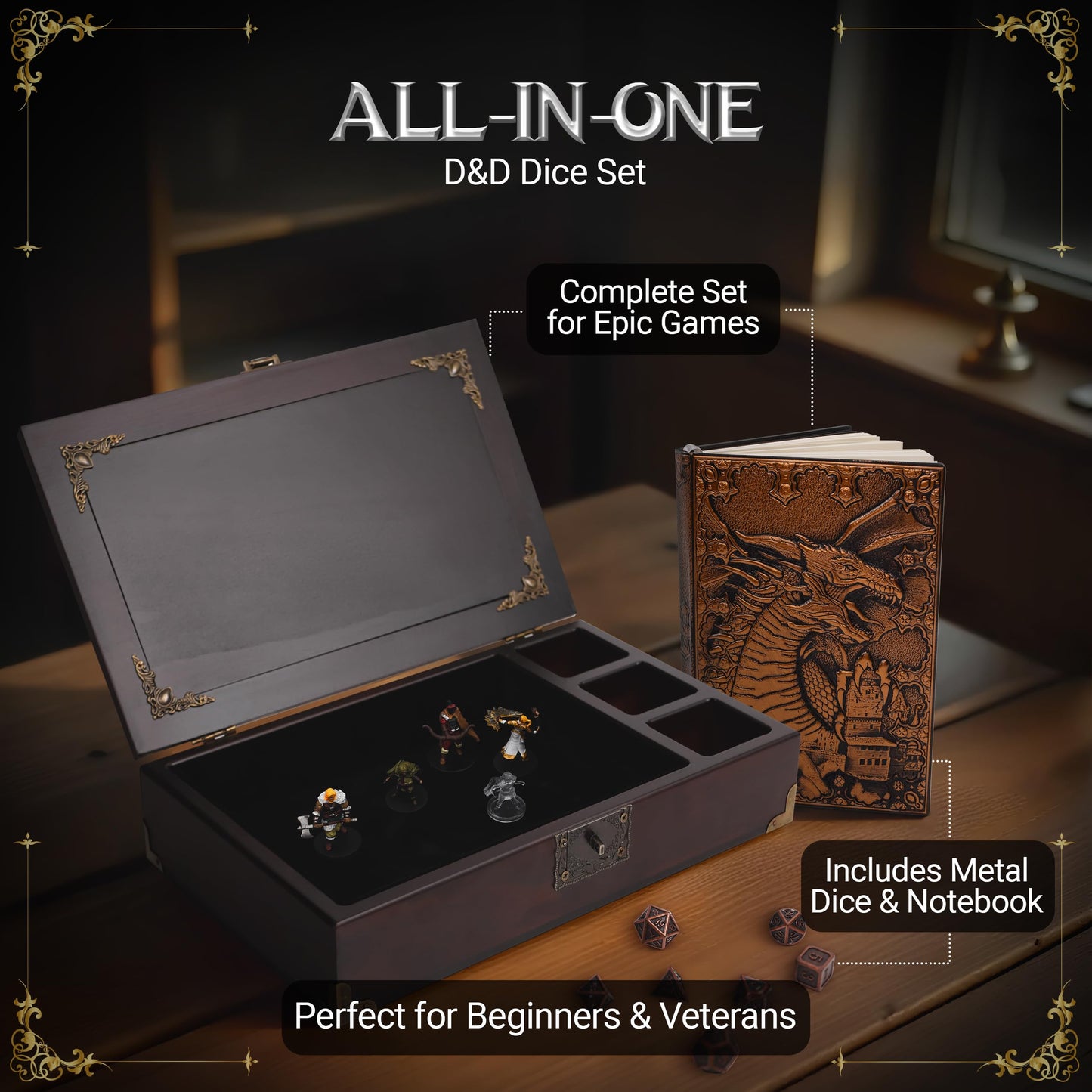 HORNATE DND Dice Tray Starter Set 3-in-1 | D&D Box, Journal & Metal Dice