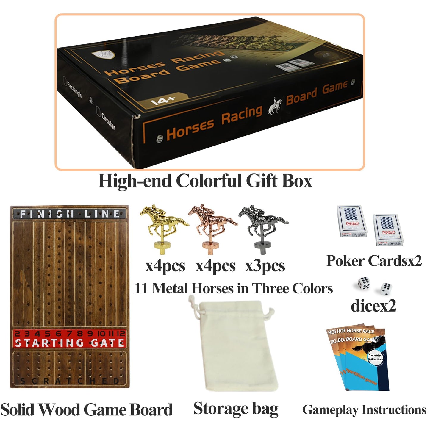 HOROW Horse Racing Game – Deluxe Wooden Board with 11 Metal Horses, Dice & Cards