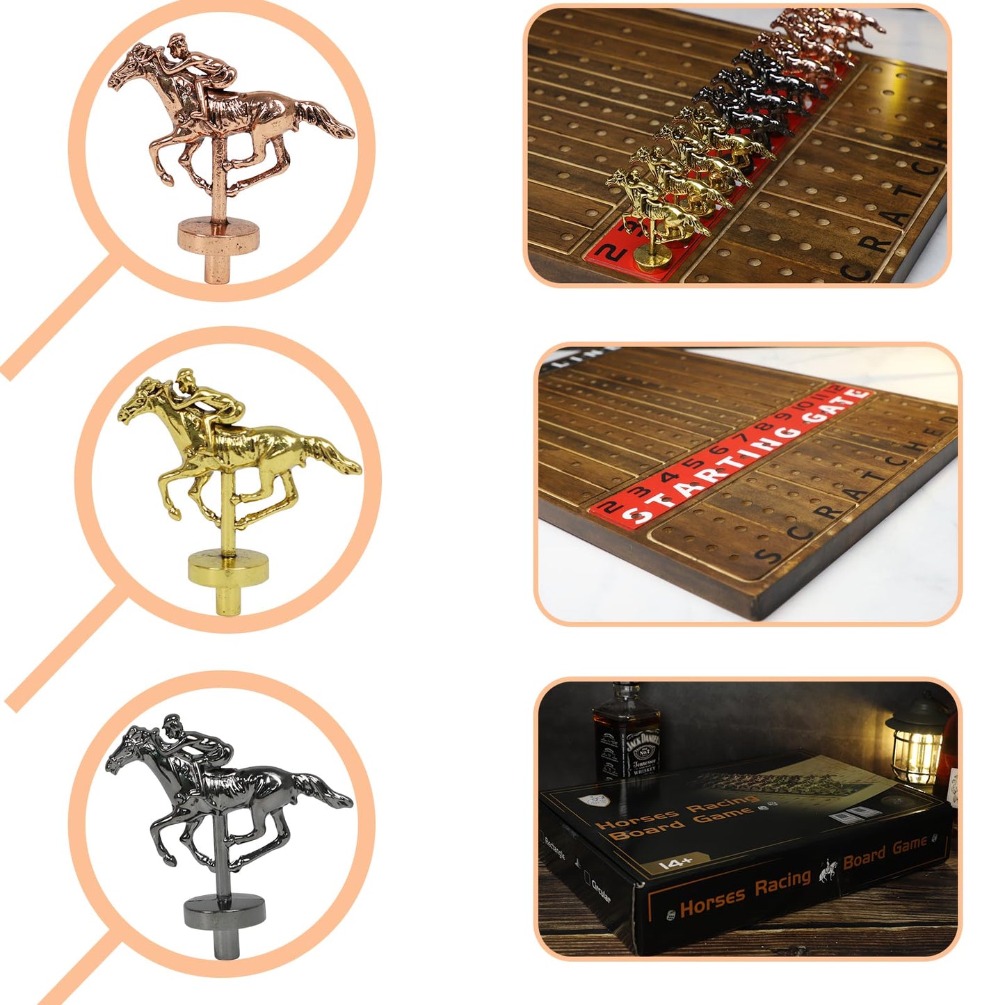 HOROW Horse Racing Game – Deluxe Wooden Board with 11 Metal Horses, Dice & Cards