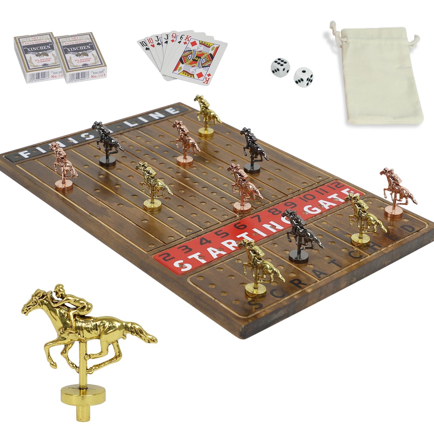 HOROW Horse Racing Game – Deluxe Wooden Board with 11 Metal Horses, Dice & Cards