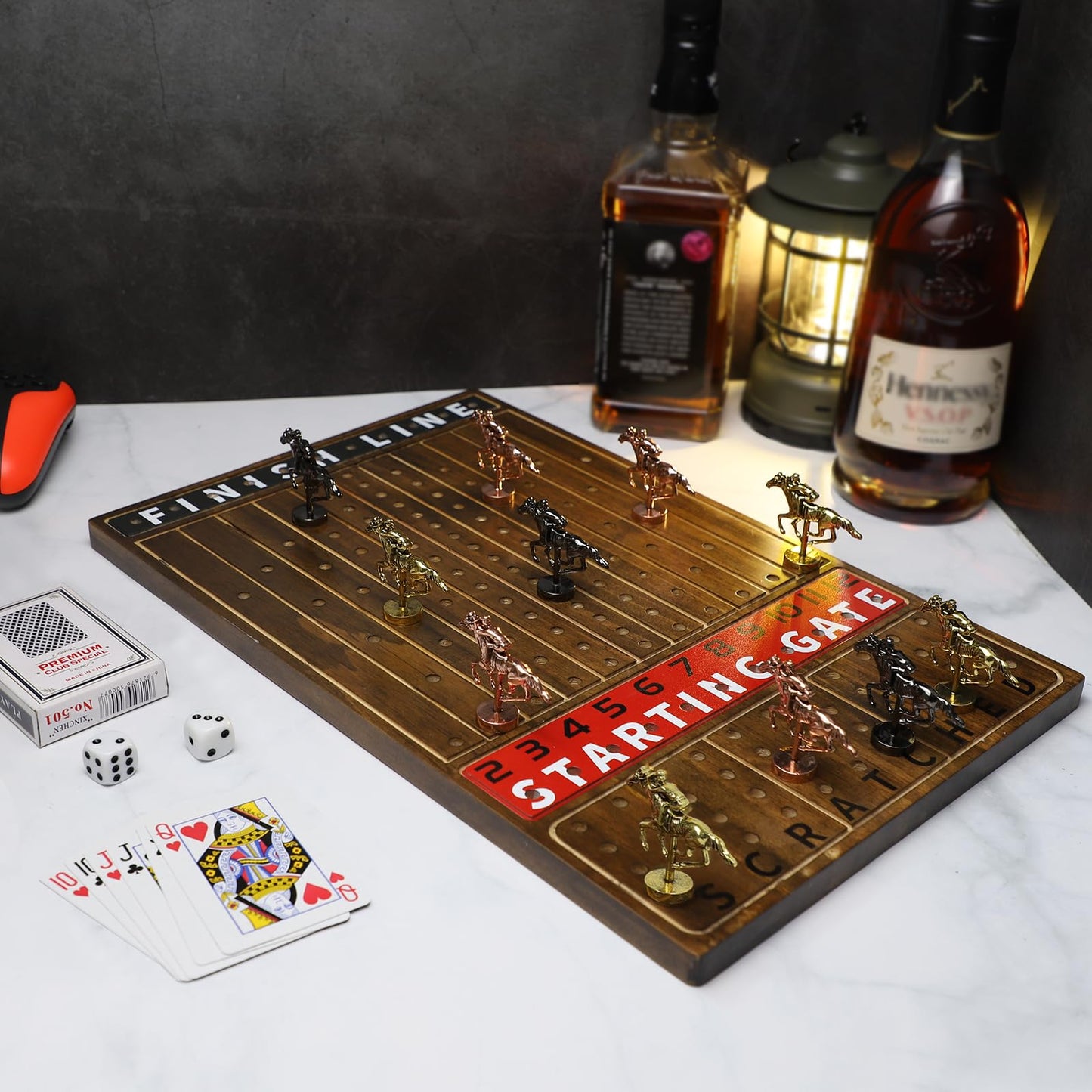 HOROW Horse Racing Game – Deluxe Wooden Board with 11 Metal Horses, Dice & Cards