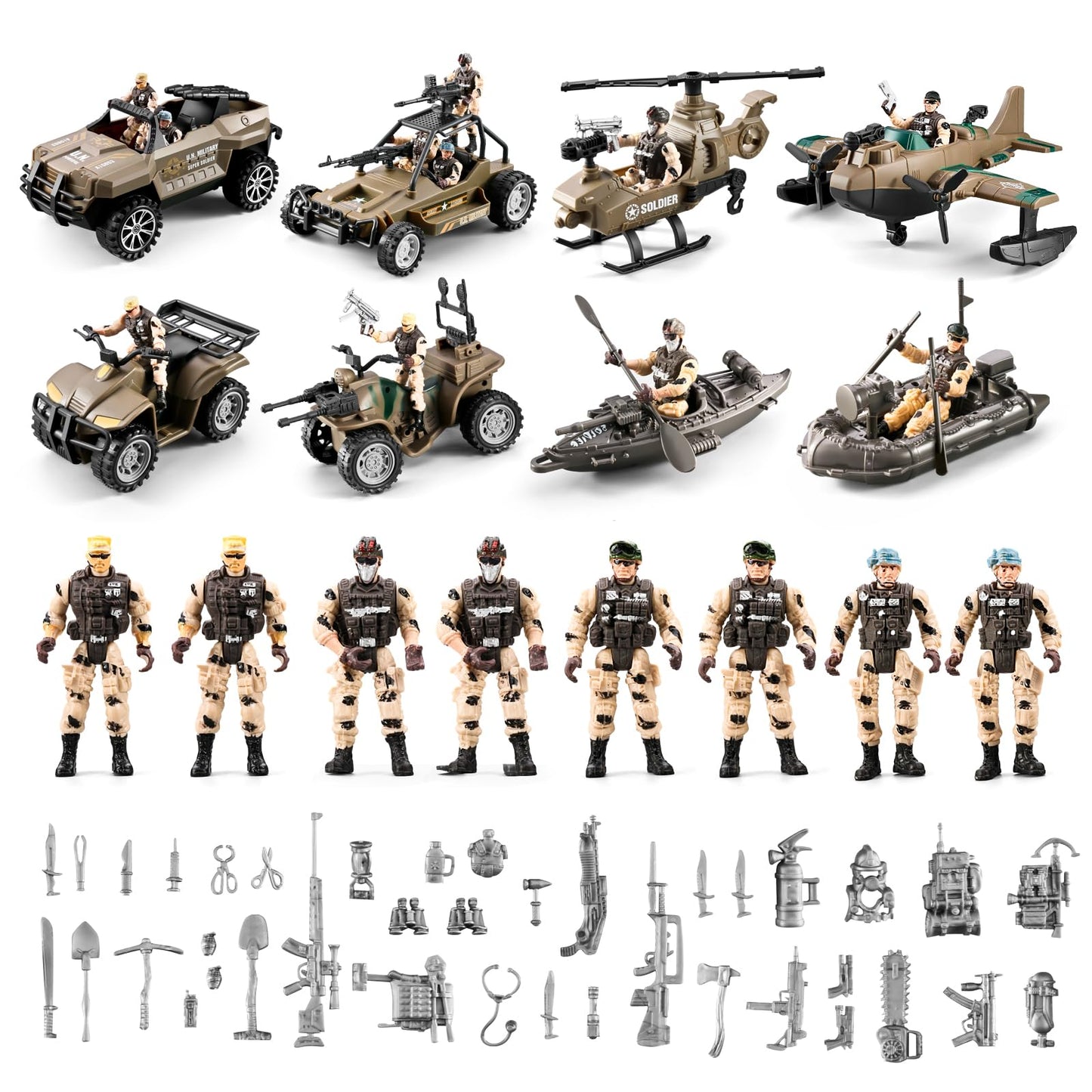HOSPONY 56-in-1 Army Toys for Boys 4-12 – Trucks, Helicopters, Kayak Boat & Gear