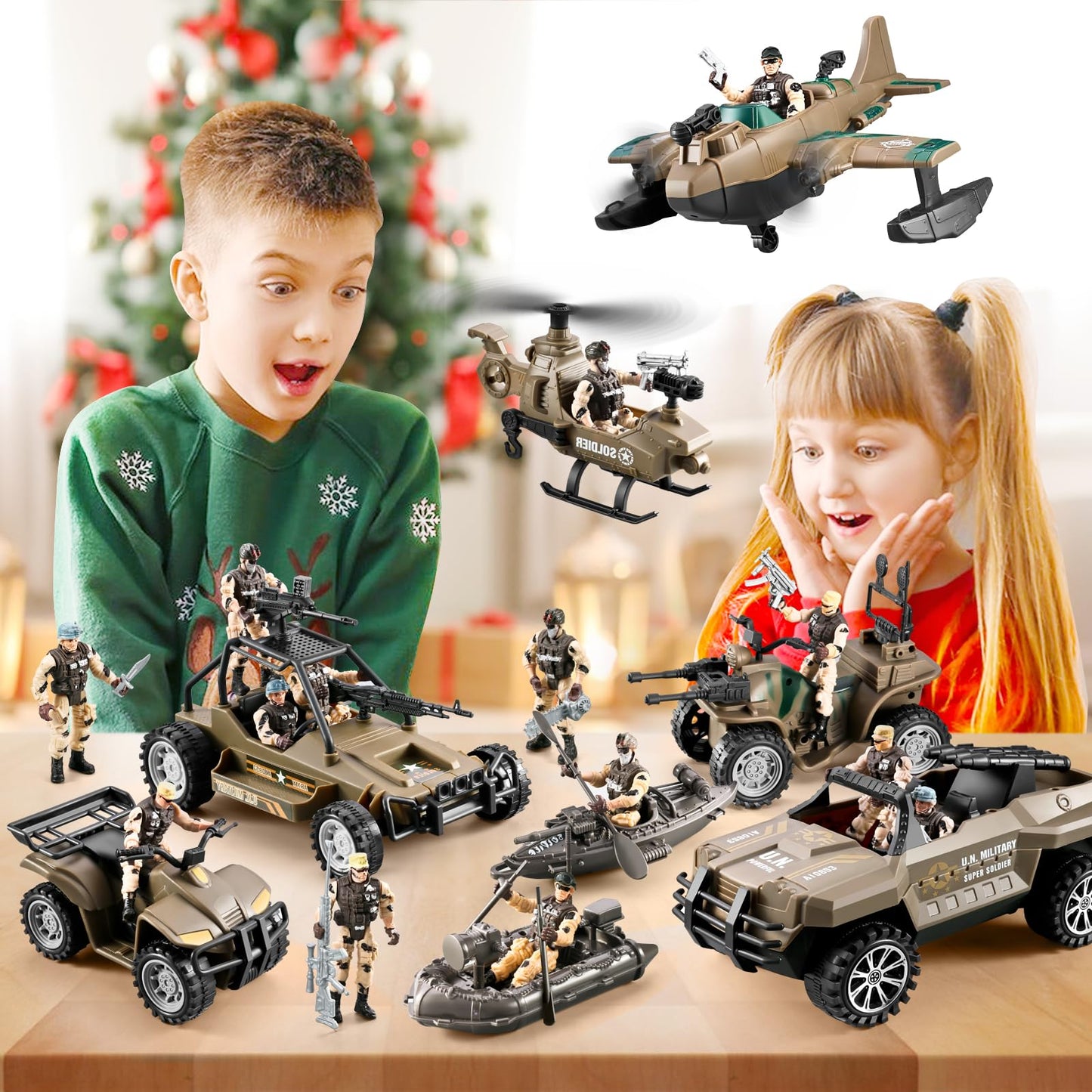 HOSPONY 56-in-1 Army Toys for Boys 4-12 – Trucks, Helicopters, Kayak Boat & Gear