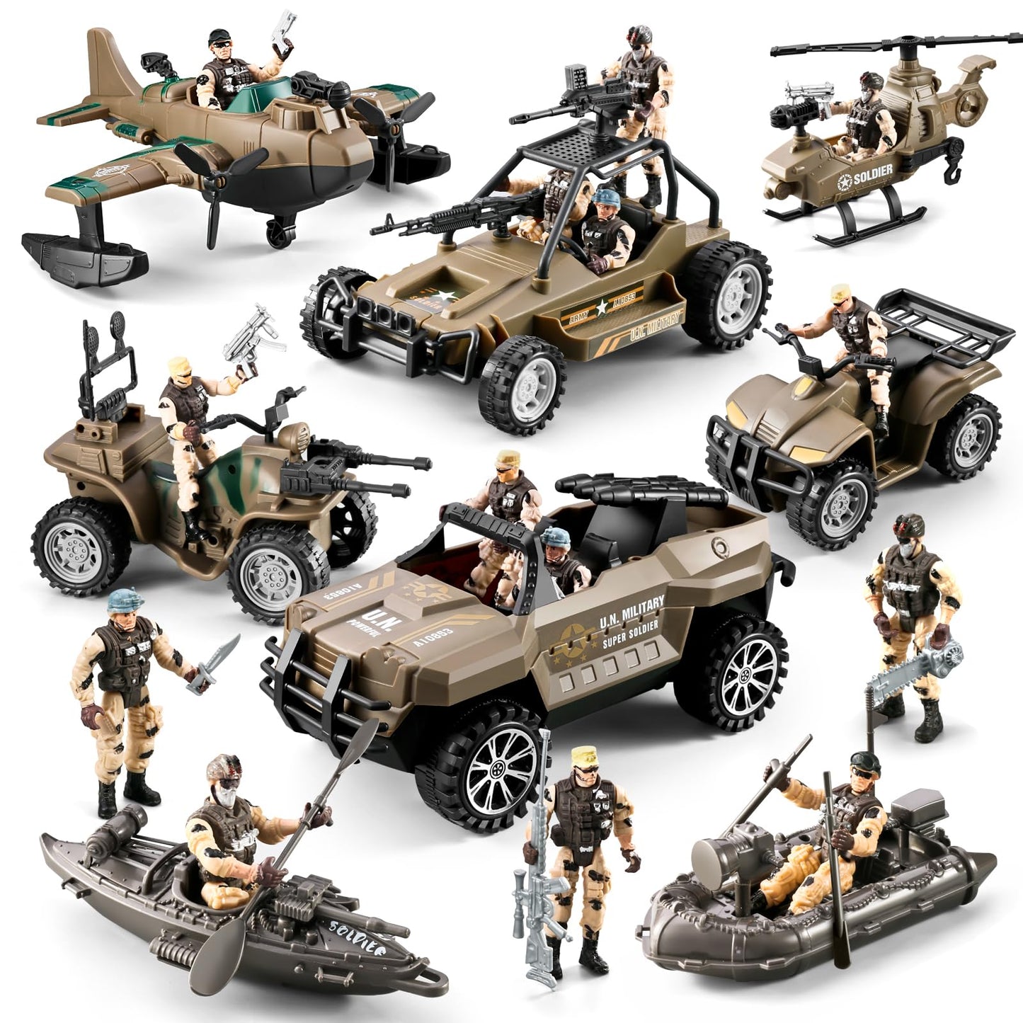 HOSPONY 56-in-1 Army Toys for Boys 4-12 – Trucks, Helicopters, Kayak Boat & Gear
