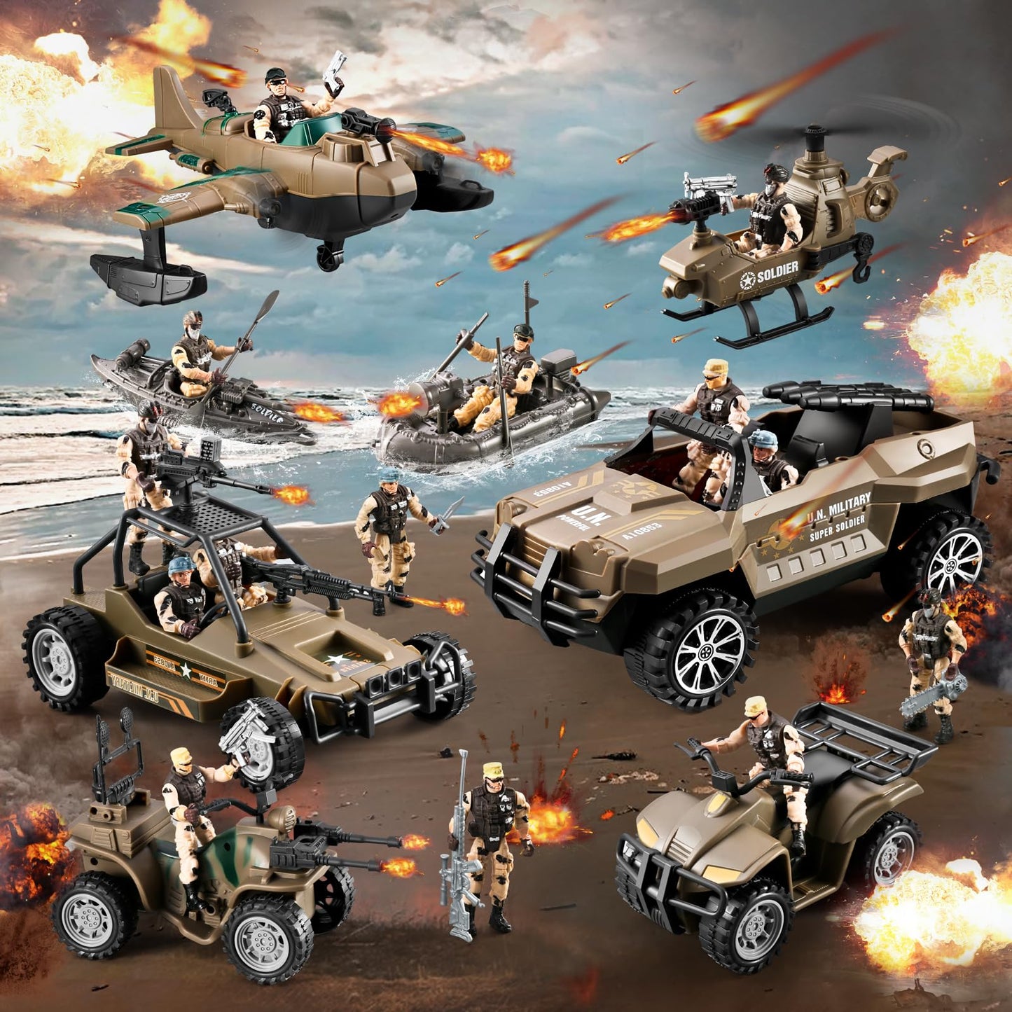 HOSPONY 56-in-1 Army Toys for Boys 4-12 – Trucks, Helicopters, Kayak Boat & Gear