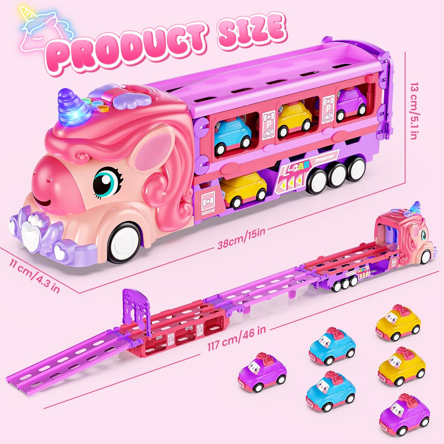 Hot Bee Girls Toy Car Set: 6 Princess Cars & 2-Player Unicorn Track with Lights & Sounds