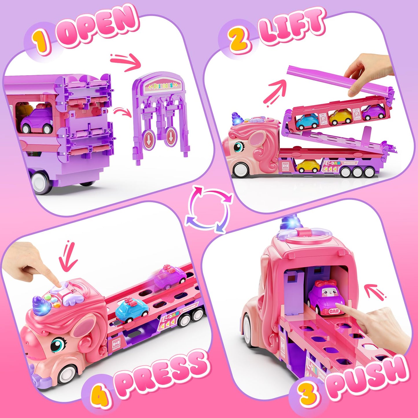Hot Bee Girls Toy Car Set: 6 Princess Cars & 2-Player Unicorn Track with Lights & Sounds