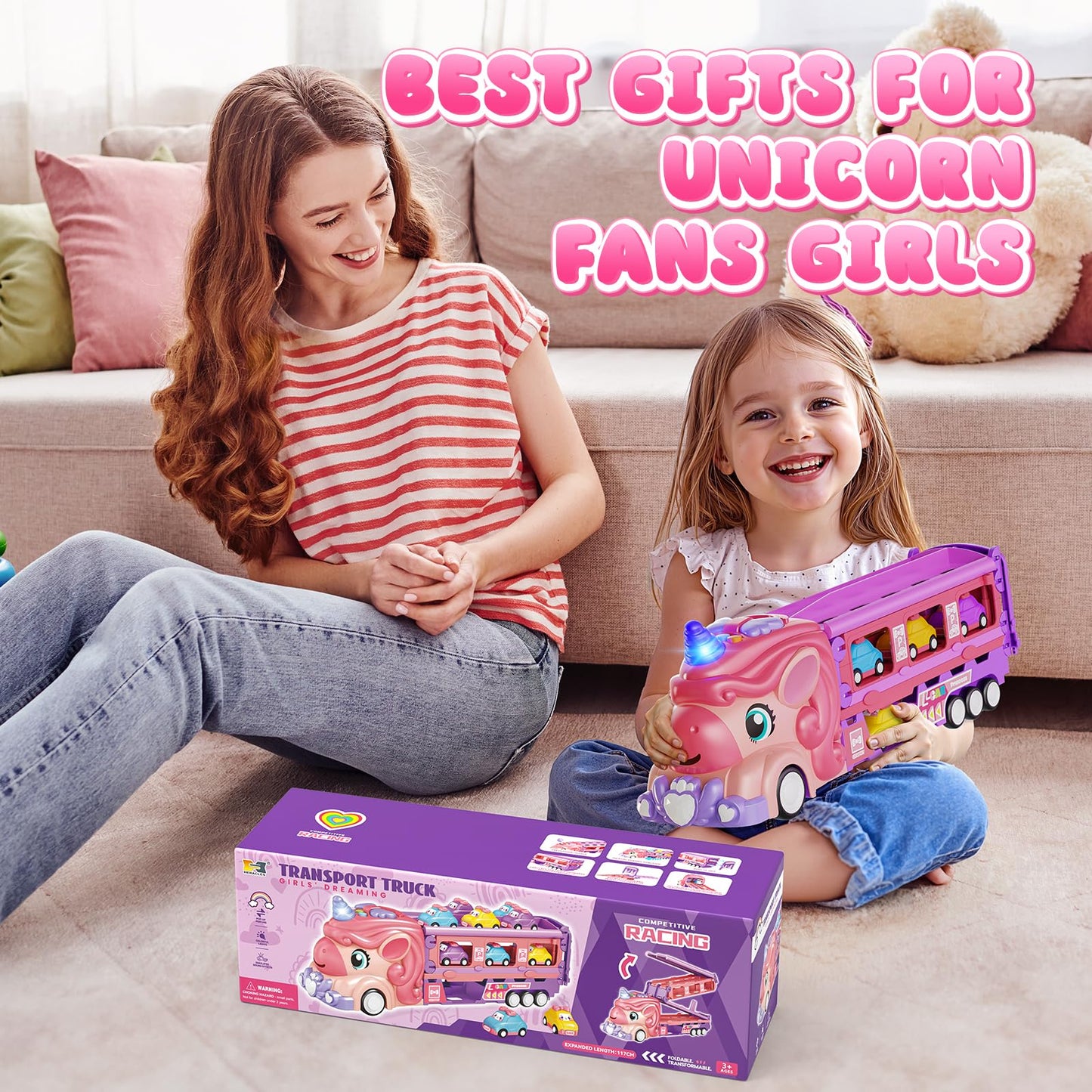 Hot Bee Girls Toy Car Set: 6 Princess Cars & 2-Player Unicorn Track with Lights & Sounds