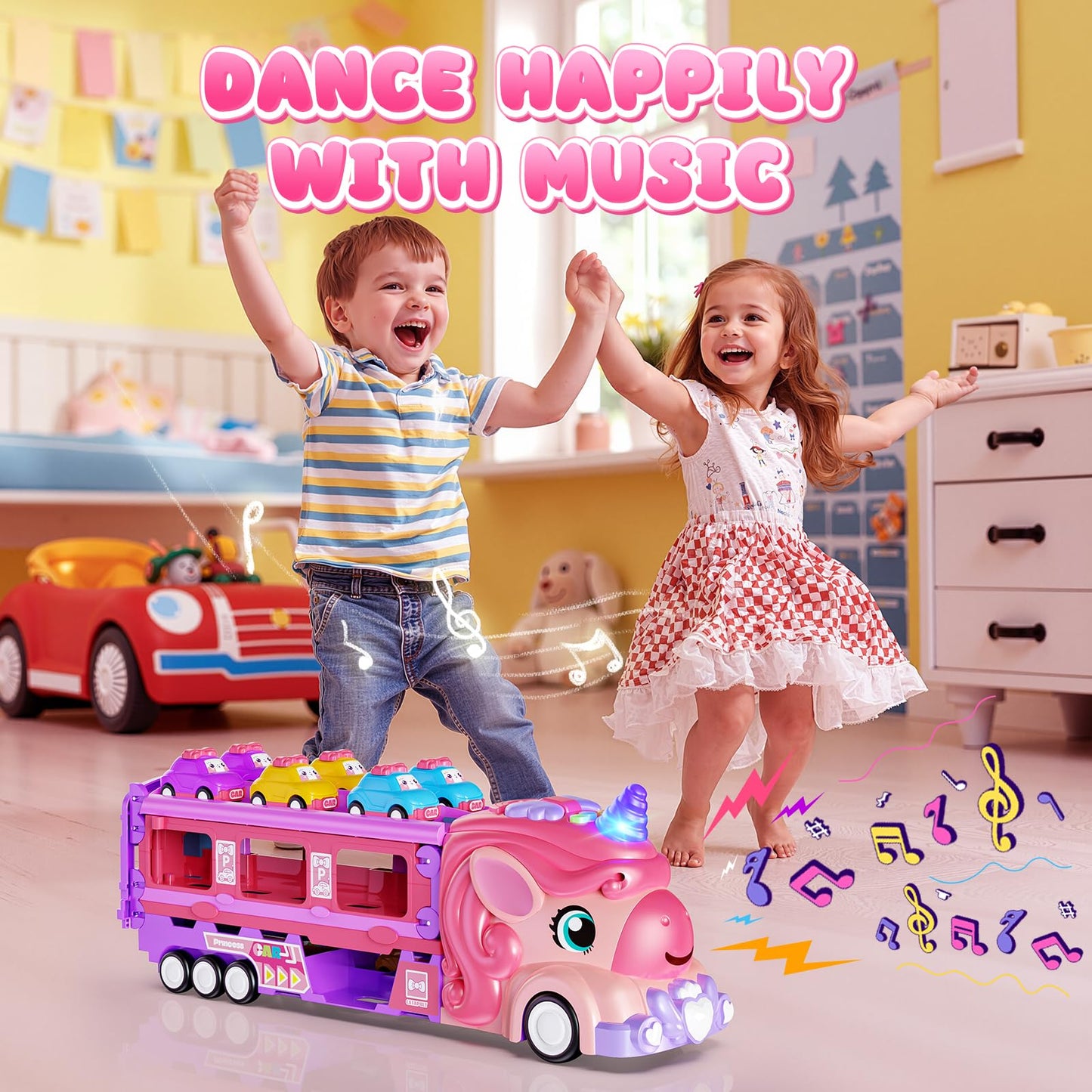 Hot Bee Girls Toy Car Set: 6 Princess Cars & 2-Player Unicorn Track with Lights & Sounds