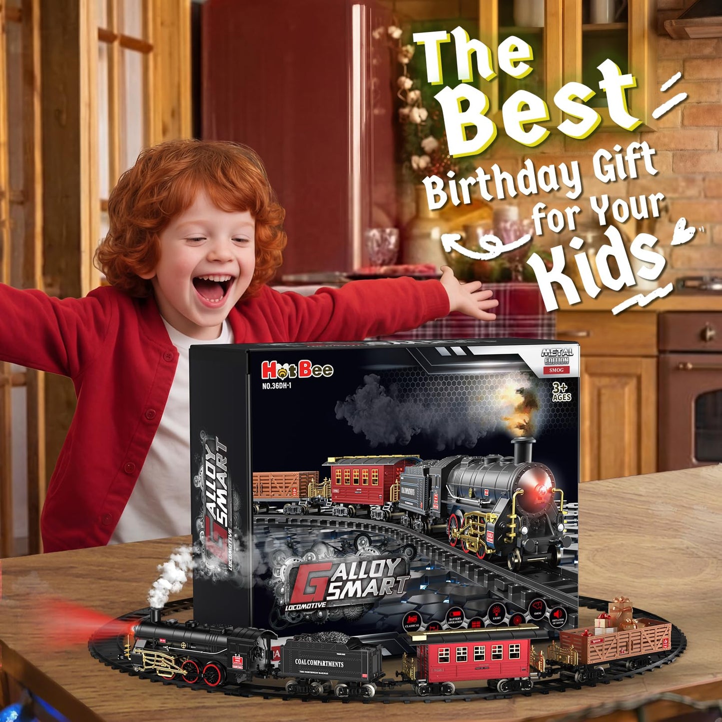 Hot Bee Train Set - Alloy Toy Trains with Glowing Carriage, Smoke, Lights & Silent Mode for 3-8 Year Olds