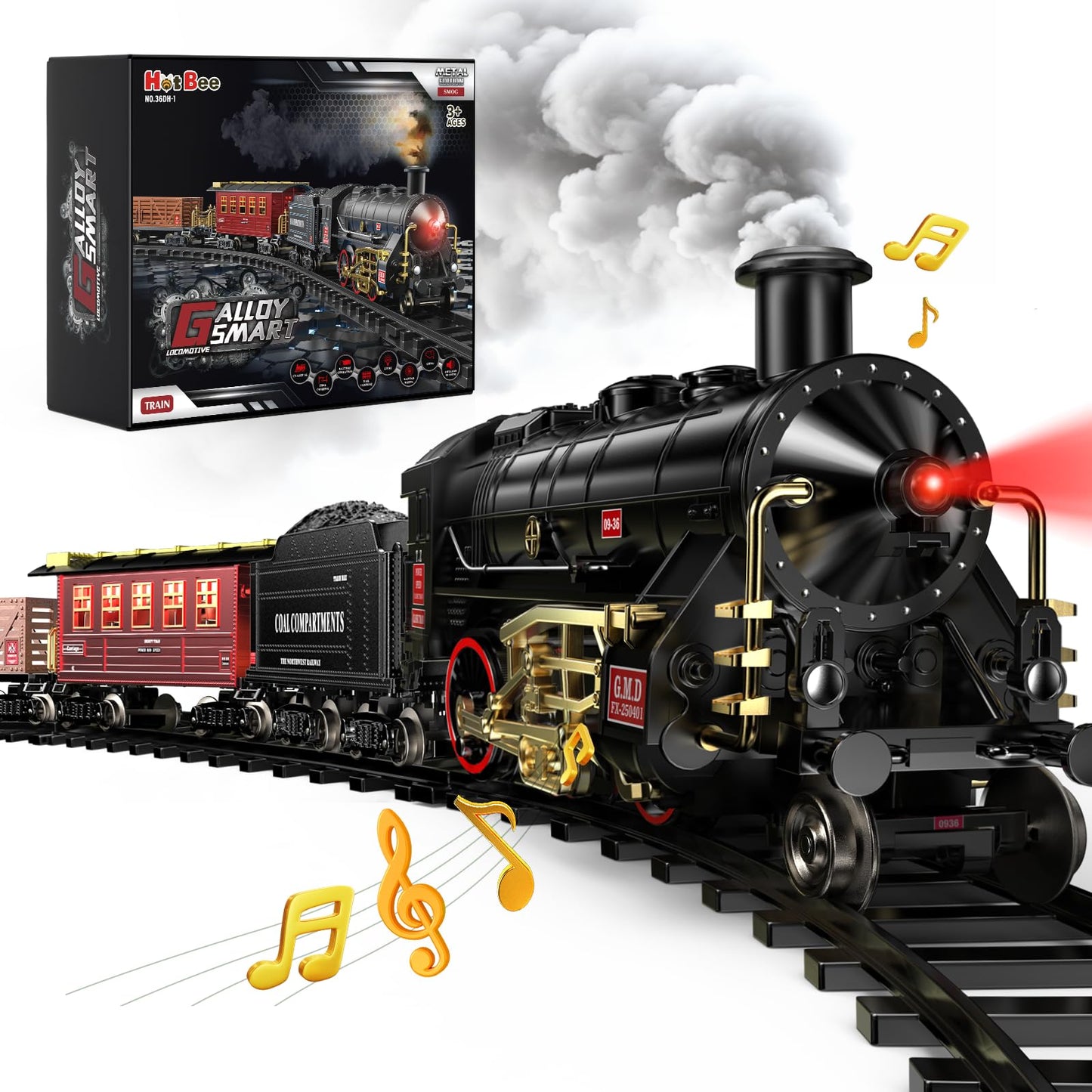 Hot Bee Train Set - Alloy Toy Trains with Glowing Carriage, Smoke, Lights & Silent Mode for 3-8 Year Olds