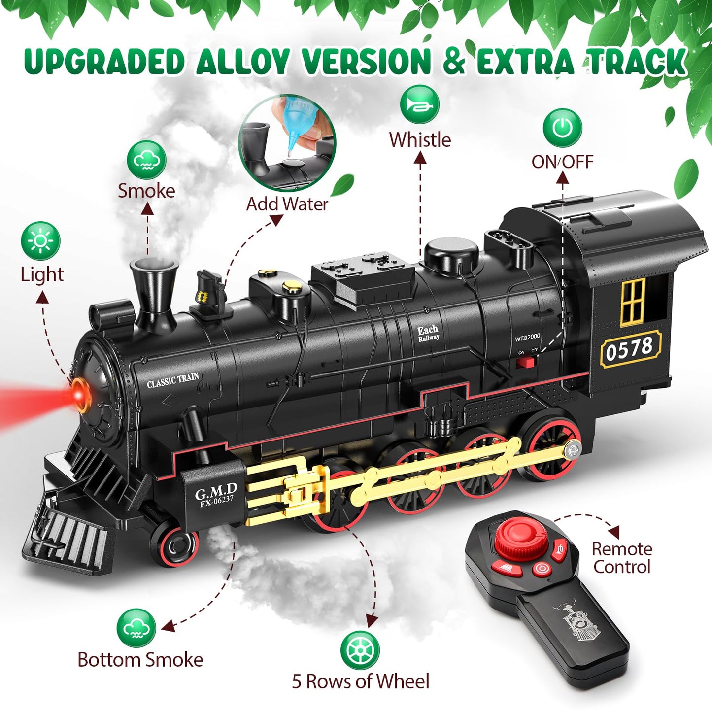 Hot Bee Alloy RC Train Set with Steam Locomotive and Tracks - Gift for Kids 3-8
