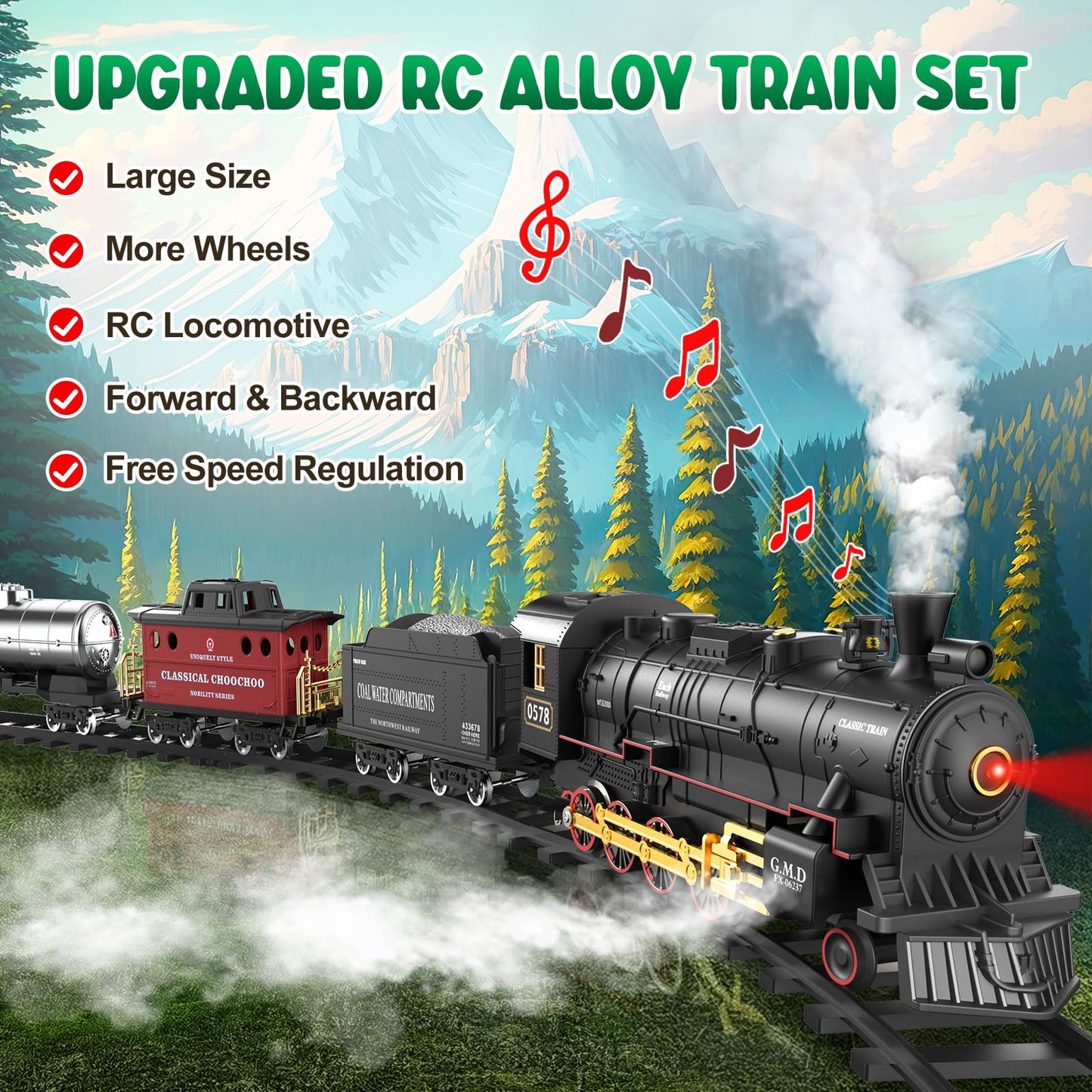 Hot Bee Alloy RC Train Set with Steam Locomotive and Tracks - Gift for Kids 3-8