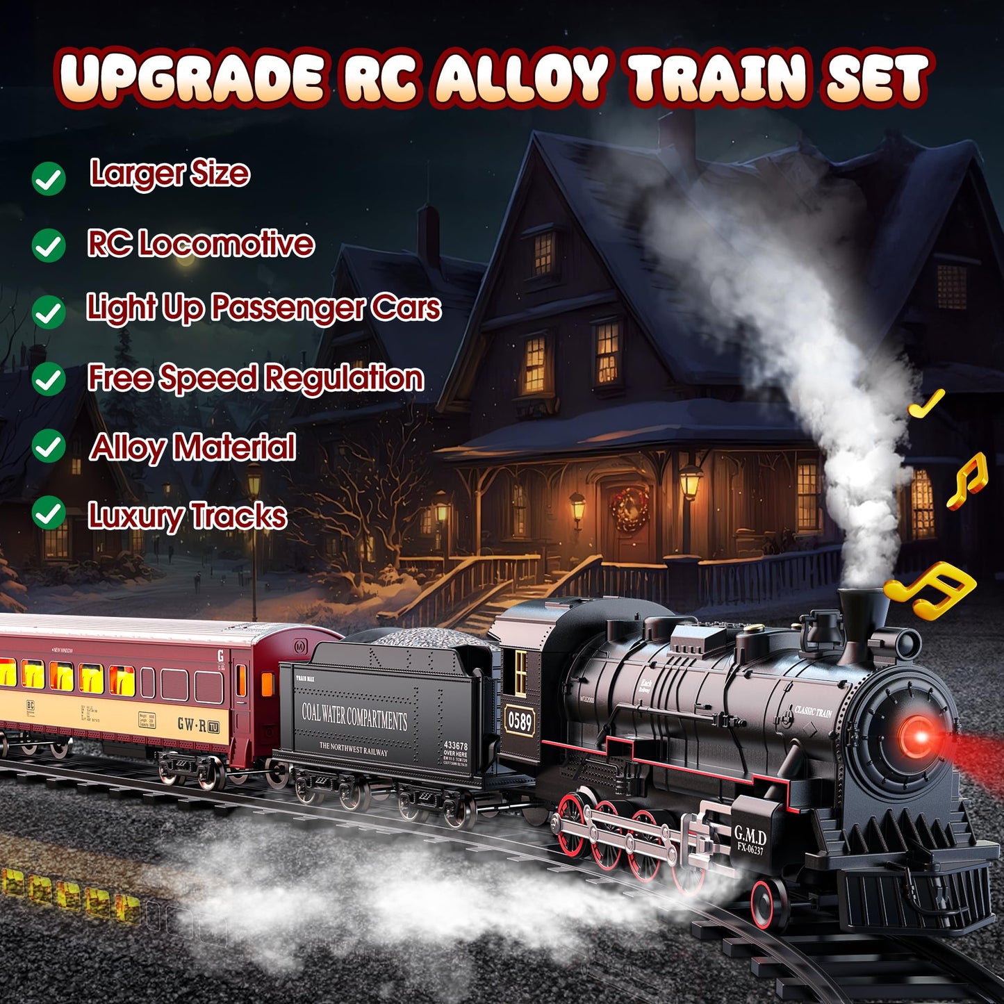 Hot Bee Train Set for Boys | Alloy RC Steam Locomotive, Light-Up Cars & Tracks – Christmas Gift 3-8+