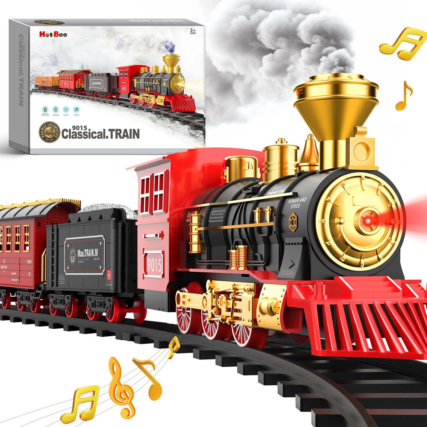 Hot Bee Train Set with Lights, Smoke & Sound — Fun Toddler Train Toys for 3–8+ Years | Christmas Tree Gift