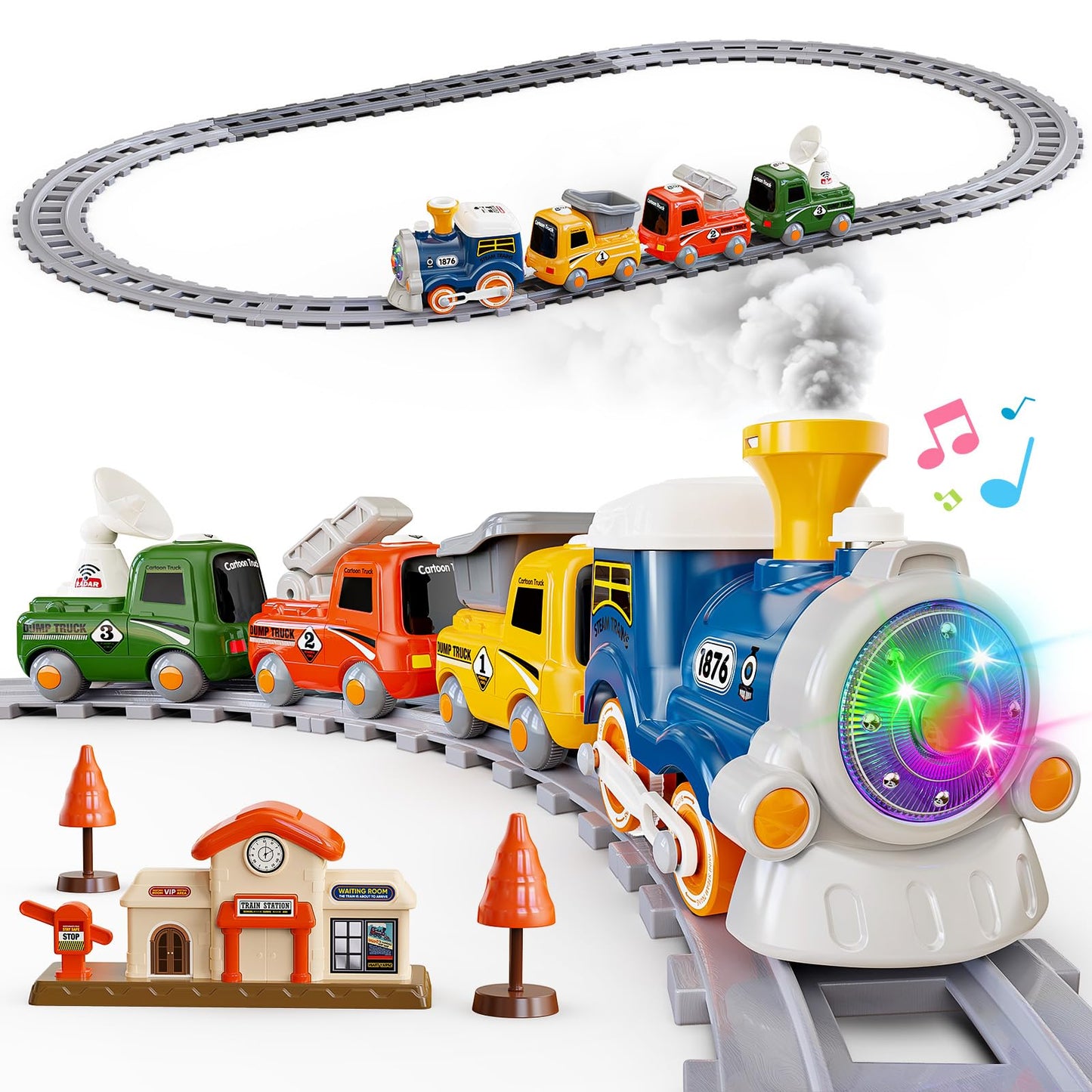 Hot Bee Train Set with Steam, Lights & Sound for Toddlers | Magnetic Connection Train Toys