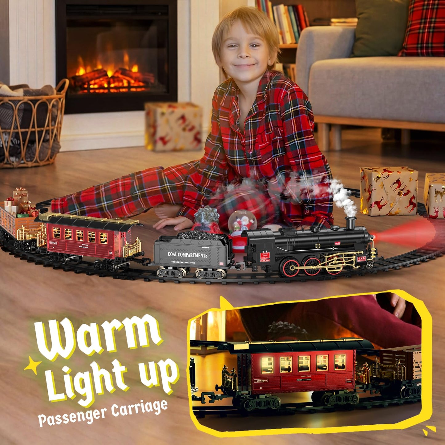 Hot Bee Train Set - Alloy Toy Trains with Glowing Carriage, Smoke, Lights & Silent Mode for 3-8 Year Olds