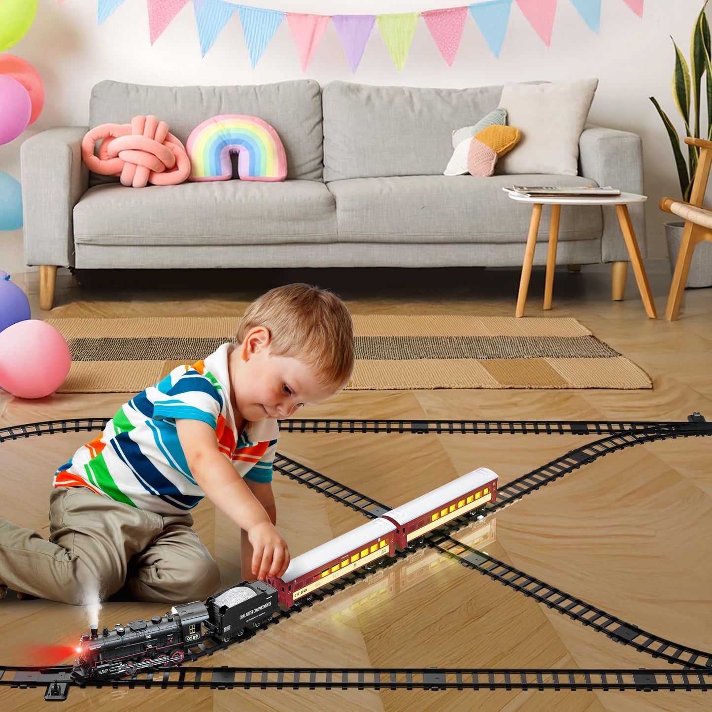Hot Bee Train Set for Boys | Alloy RC Steam Locomotive, Light-Up Cars & Tracks – Christmas Gift 3-8+