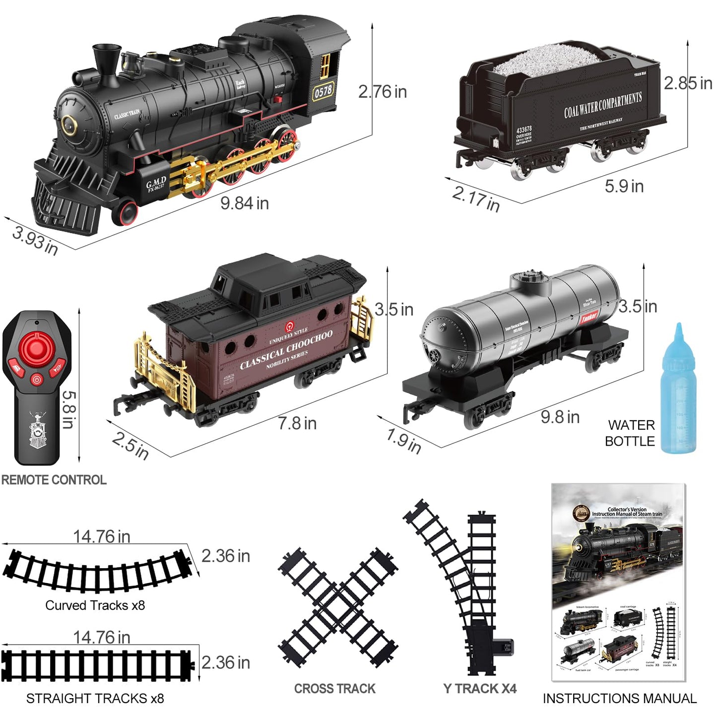 Hot Bee Alloy RC Train Set with Steam Locomotive and Tracks - Gift for Kids 3-8