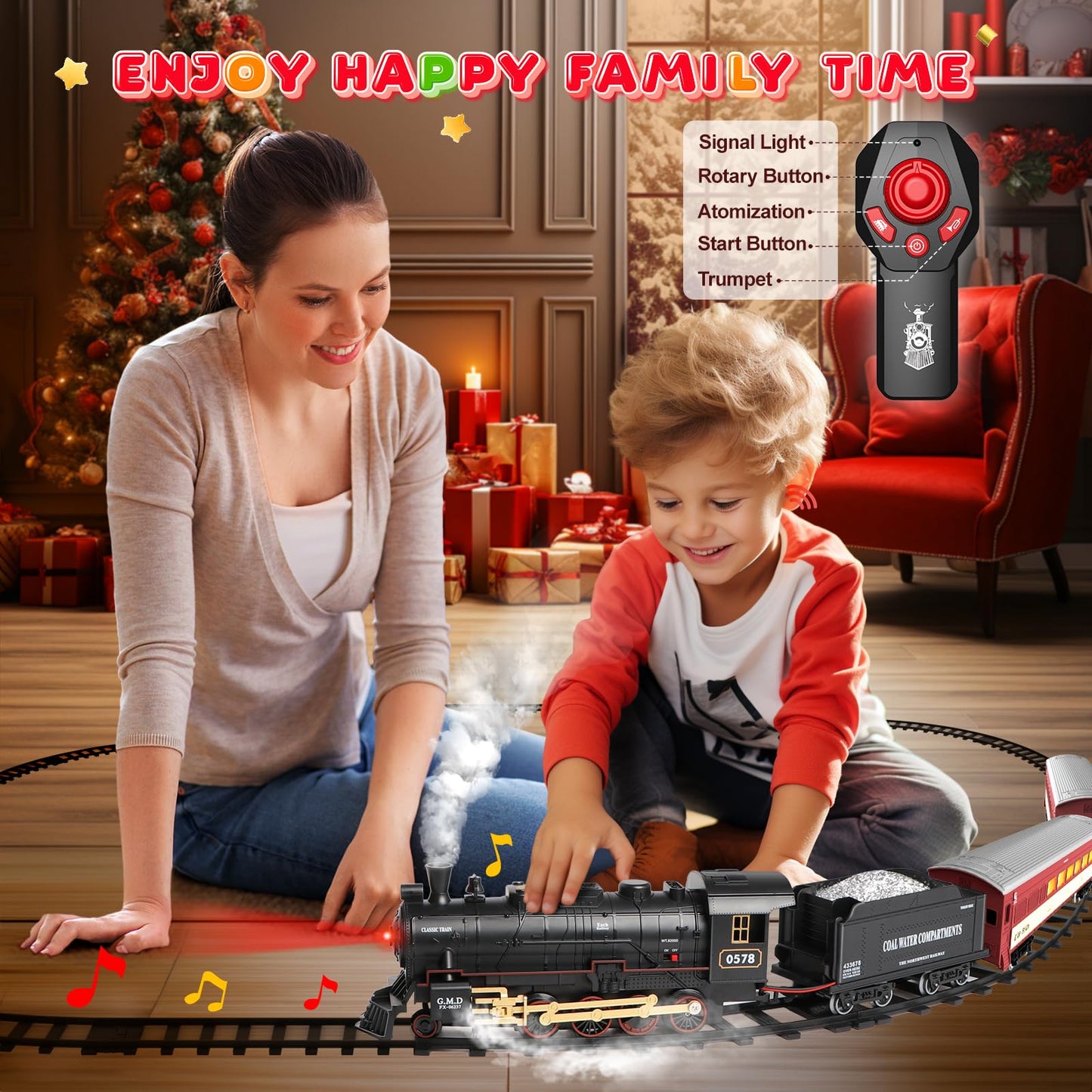 Hot Bee Train Set – Remote Control Steam Locomotive with Lights for Kids 3-8