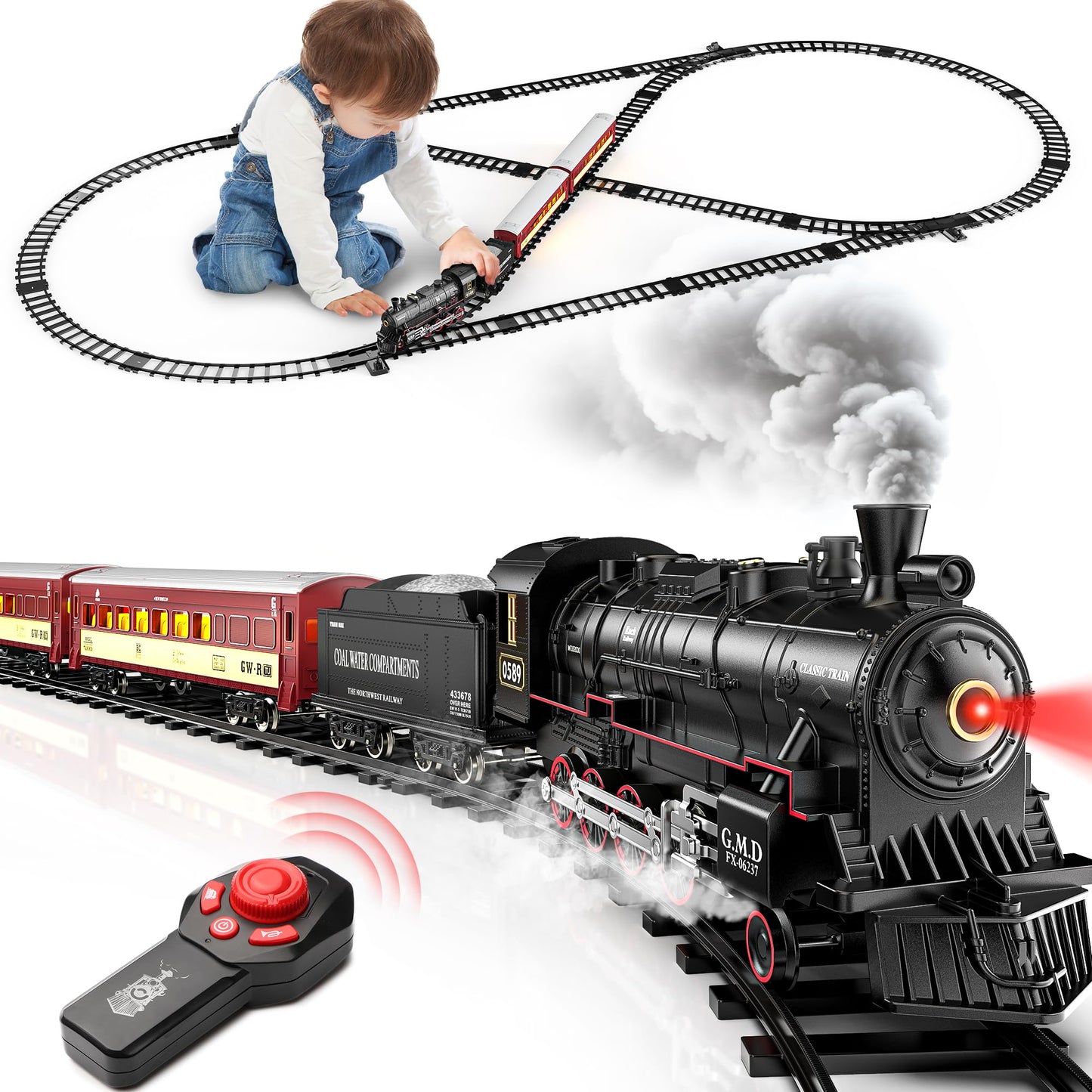 Hot Bee Train Set for Boys | Alloy RC Steam Locomotive, Light-Up Cars & Tracks – Christmas Gift 3-8+